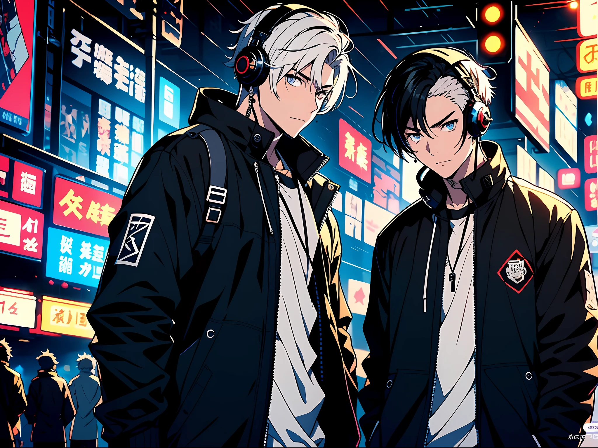 A short white-haired youth with headphones, clutching, a long brunette girl, security guard, money truck, blue jacket, park, top quality, sunshine, super detailed, anime, super detailed CG, 8K wallpaper, Unreal Engine rendering