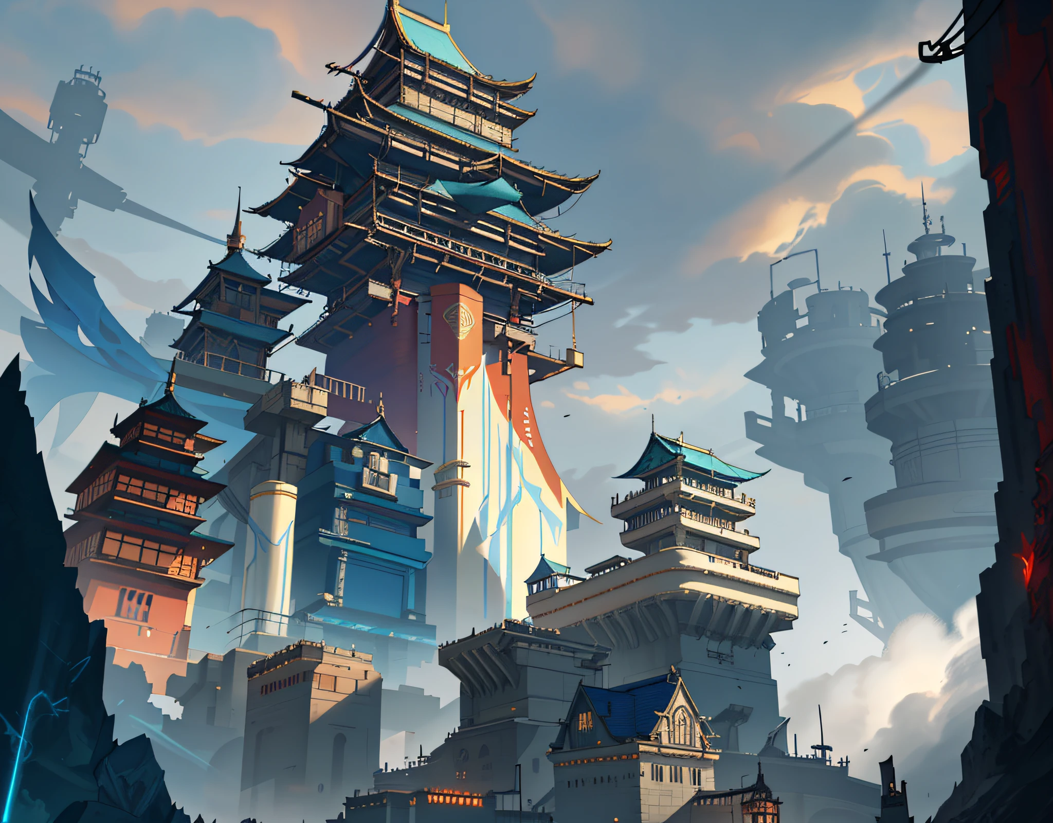there is a painting of a building with a tower in the background, riot games concept art, onmyoji detailed art, cyberpunk chinese ancient castle, league of legends concept art, rossdraws global illumination, onmyoji, ross tran. scenic background, legend of korra setting, wlop and ross tran, style of duelyst, g liulian art style
