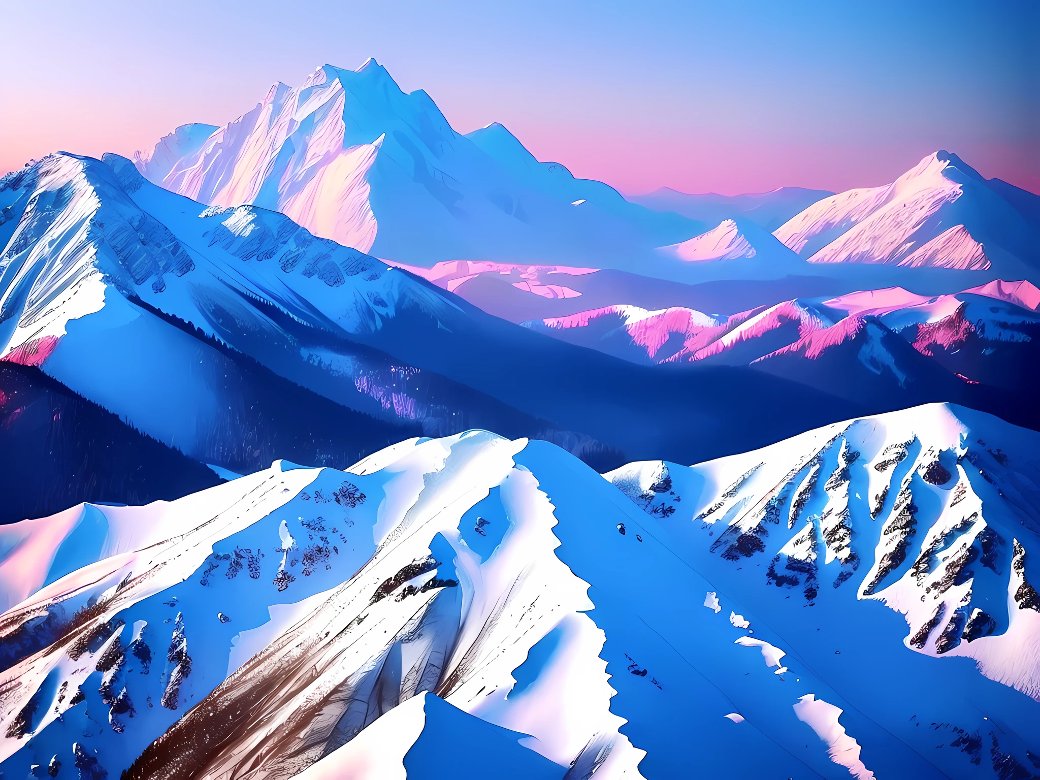 Snow-covered mountain landscape background. synthwave watercolor on canvas trends artstation dramatic lighting abstract expressionism pastel