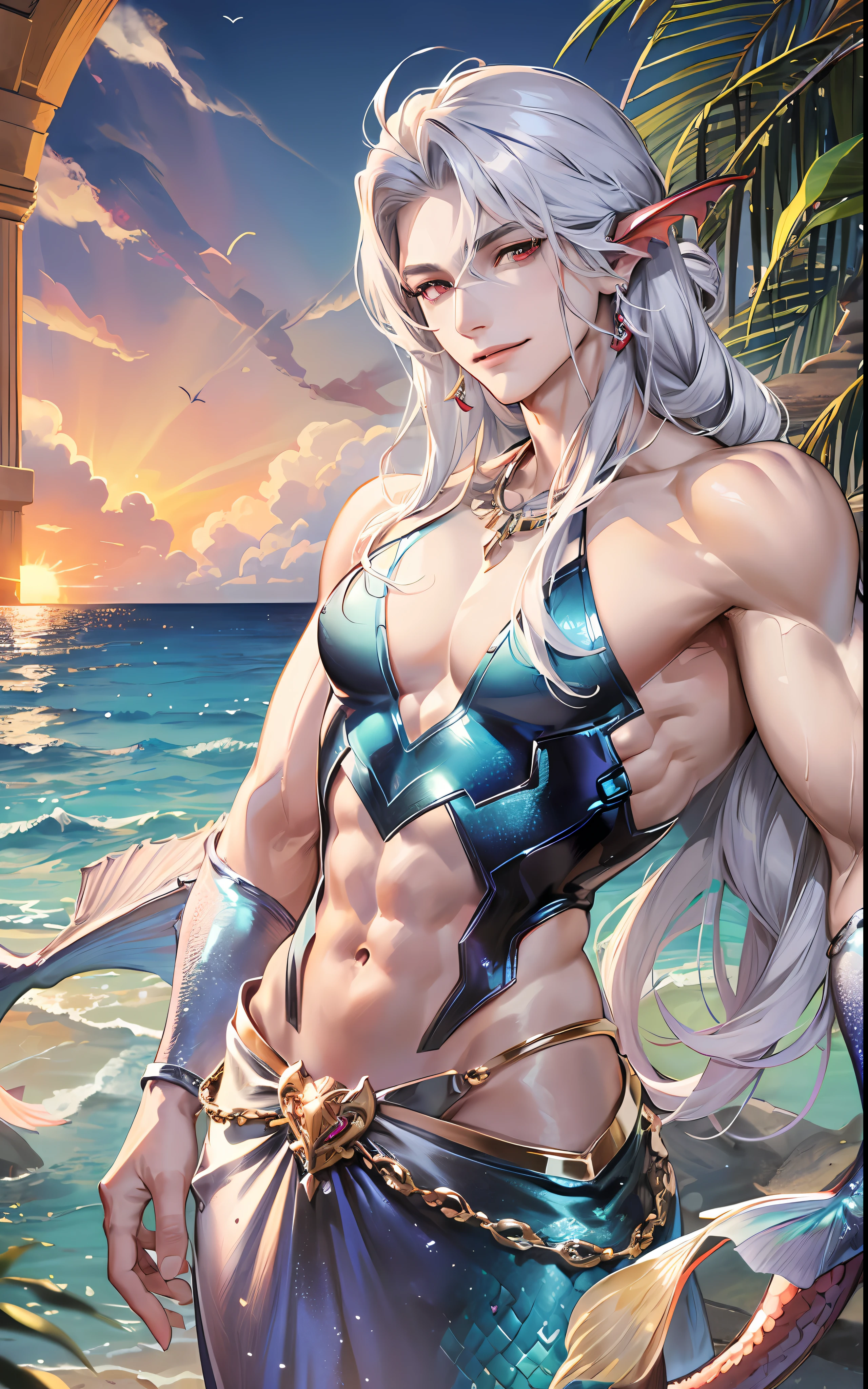 man, masculine, masculine face, attractive, muscular, (((1man))), masterpiece, absurdres, best quality ,intricate details , (shiny skin, shiny body, shiny oily luster skin, shiny hair, pale skintone), Sundown, attractive, ((muscular)), adult, one, earrings, Don't look at the view , Not looking at the view, silver hair, braided hair, perfect detailed face, perfect detailed hands, triton, fins, red eyes, triton ears, ((MLS)), smirk, medium large shoot, marine ornaments, beach in the background, ((mermaid tail)), no legs
