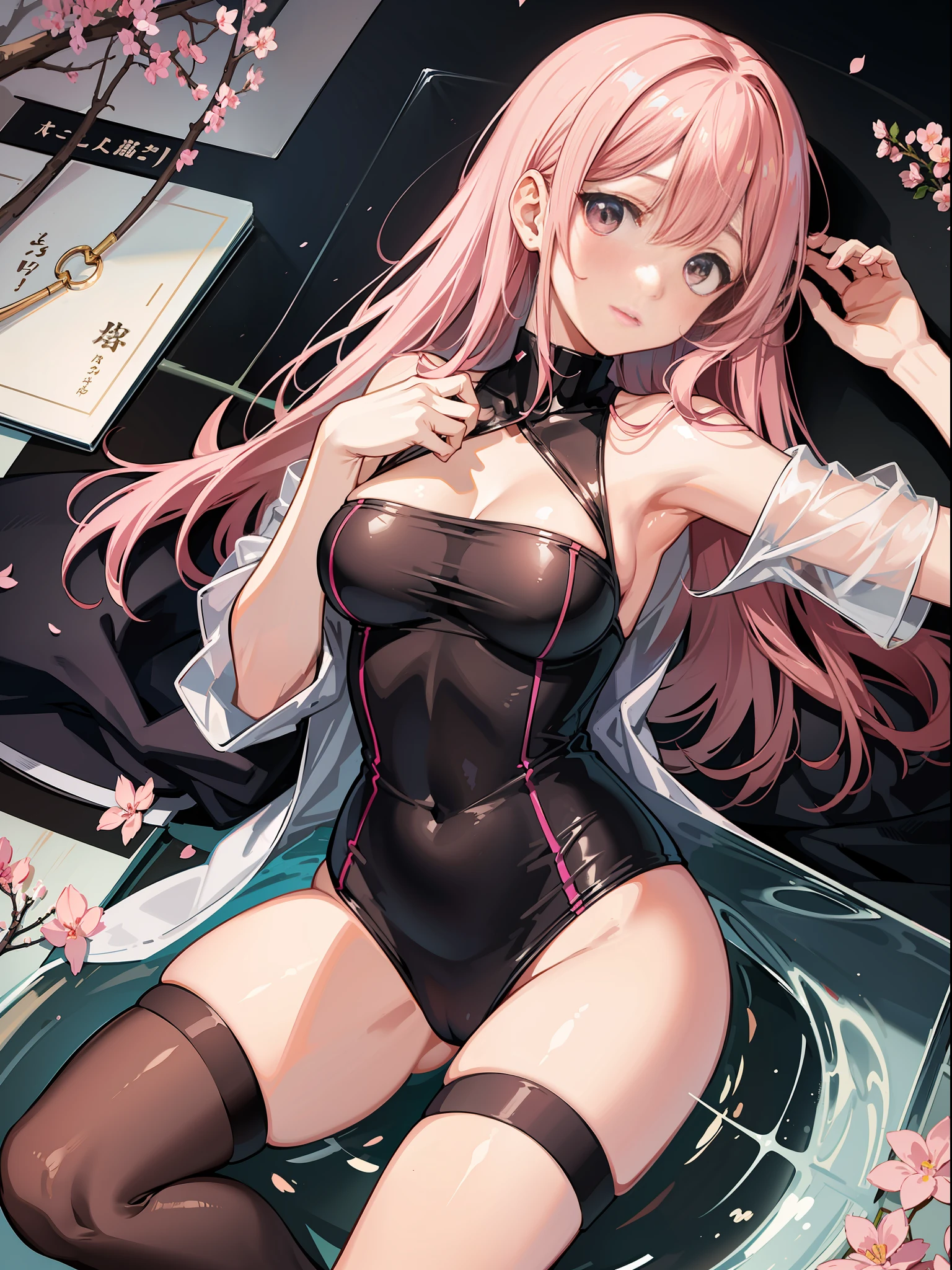 {Japan slender beauties}, high resolution, top quality, super detail, pink swimsuit, knee highs, wedges, fine details, no blush, bite, angle from above, clean skin
