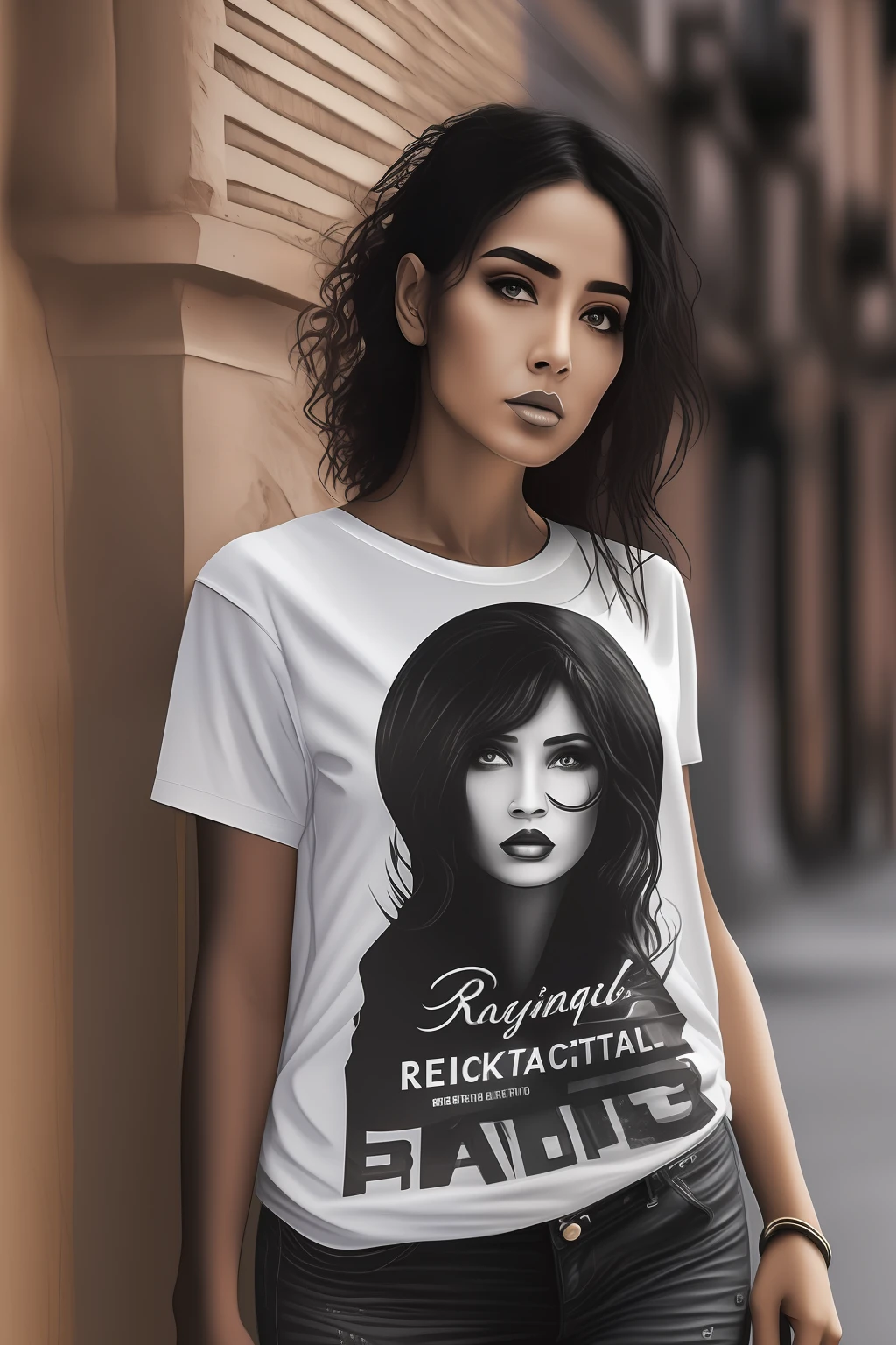 a realistic woman with t-shirt black --auto --s2