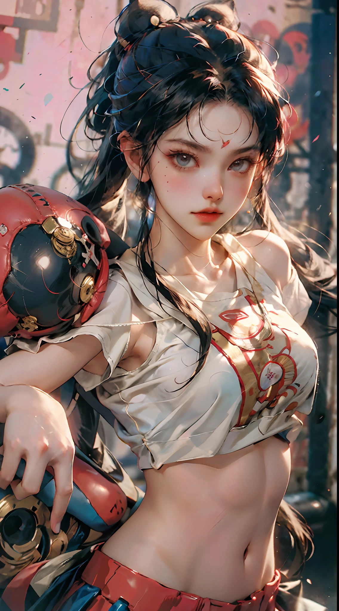 Masterpiece, top quality, (realistic, realistic: 1.4), (RAW photo: 1.2), very delicate CG Unity 8K wallpaper, very delicate beautiful, wonderful, boxing pose, attention to detail, official art, ridiculous, incredibly ridiculous, huge file size, very fine, very delicate, beautiful eyes and face, beautiful delicate eyes, light on face, a girl, ponytail, (pompom) navel, half, PE uniform short sleeve crop top t-shirt, boxing gloves, bare arms, bangs, Boxing Gym, Boxing Ring, ULZZANG-6500-v1.1