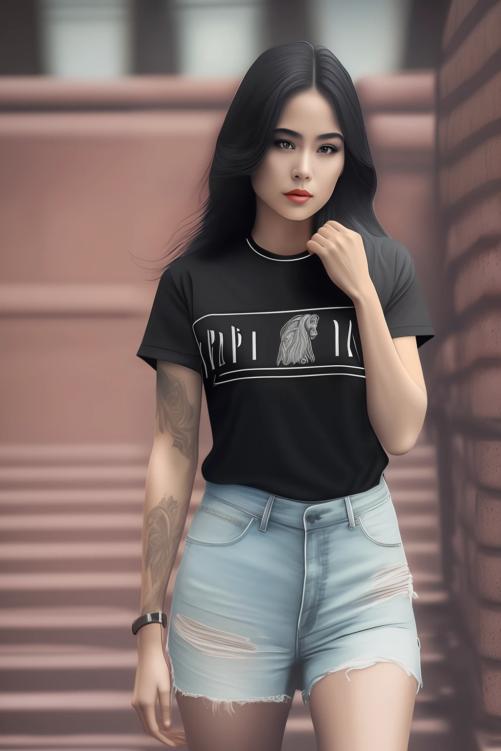 a realistic woman with t-shirt black --auto --s2