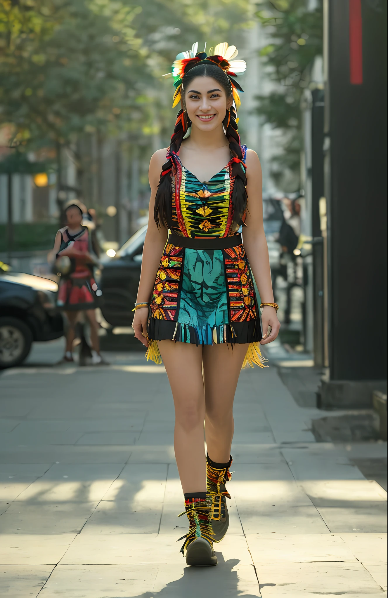 Nikon D850 Movie Stock Photography 4 Kodak Portra 400 Camera F1.6 Lens Rich Colors Hyper Realistic Texture Realistic Lighting Trend Lighting on ArtStation Cinestill 800 Tungsten, (Lauren Jauregui Happy Smiling), Excited, NativAm, Native Dress with NativAm, Feathers on Head, Braids, Native Dress, Native Print, Full Body "((Masterpiece)), Best Quality, Sensual, Lauren Jauregui Happy and elegant walking through a vibrant city, Wide shot, exciting background scenery, golden light, soft shadows.