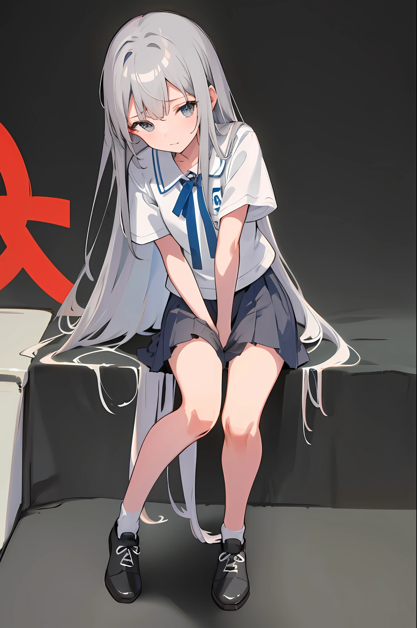(absurd, hi-res, ultra-detailed), 1 girl, solo, (very long hair, gray hair), colorful, best detailed, squat, 16 years old, small, miniskirt, uniform, short sleeves, dark background, Greek Santorini Island