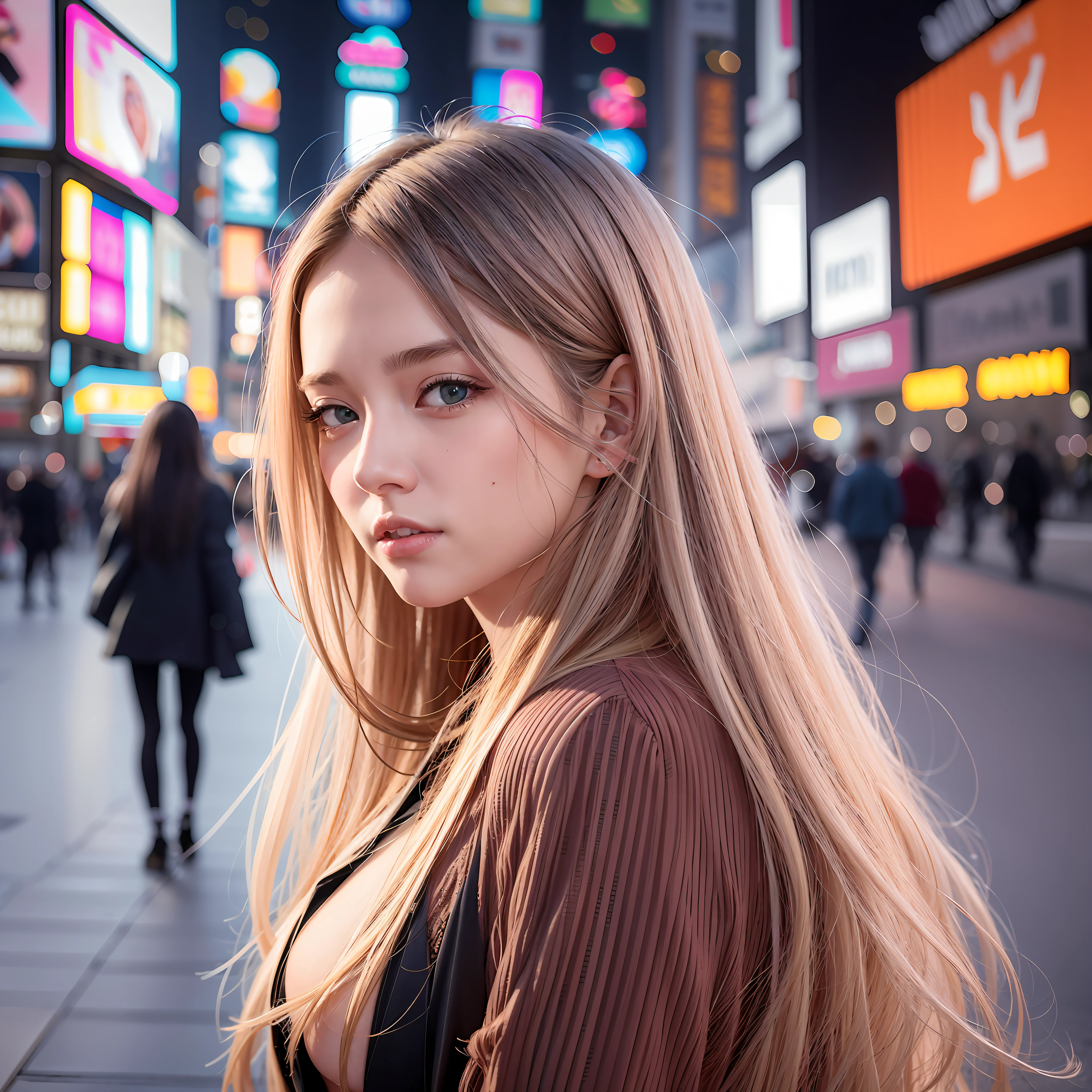 blond woman with long hair in a city street at night, soft portrait shot 8 k, color photograph portrait 4k, girl with long hair, young beautiful woman, asian girl with long hair, portrait shot 8 k, standing in time square, 8k artgerm bokeh, beautiful blonde girl, photo of a beautiful woman, in time square, flowing backlit hair
