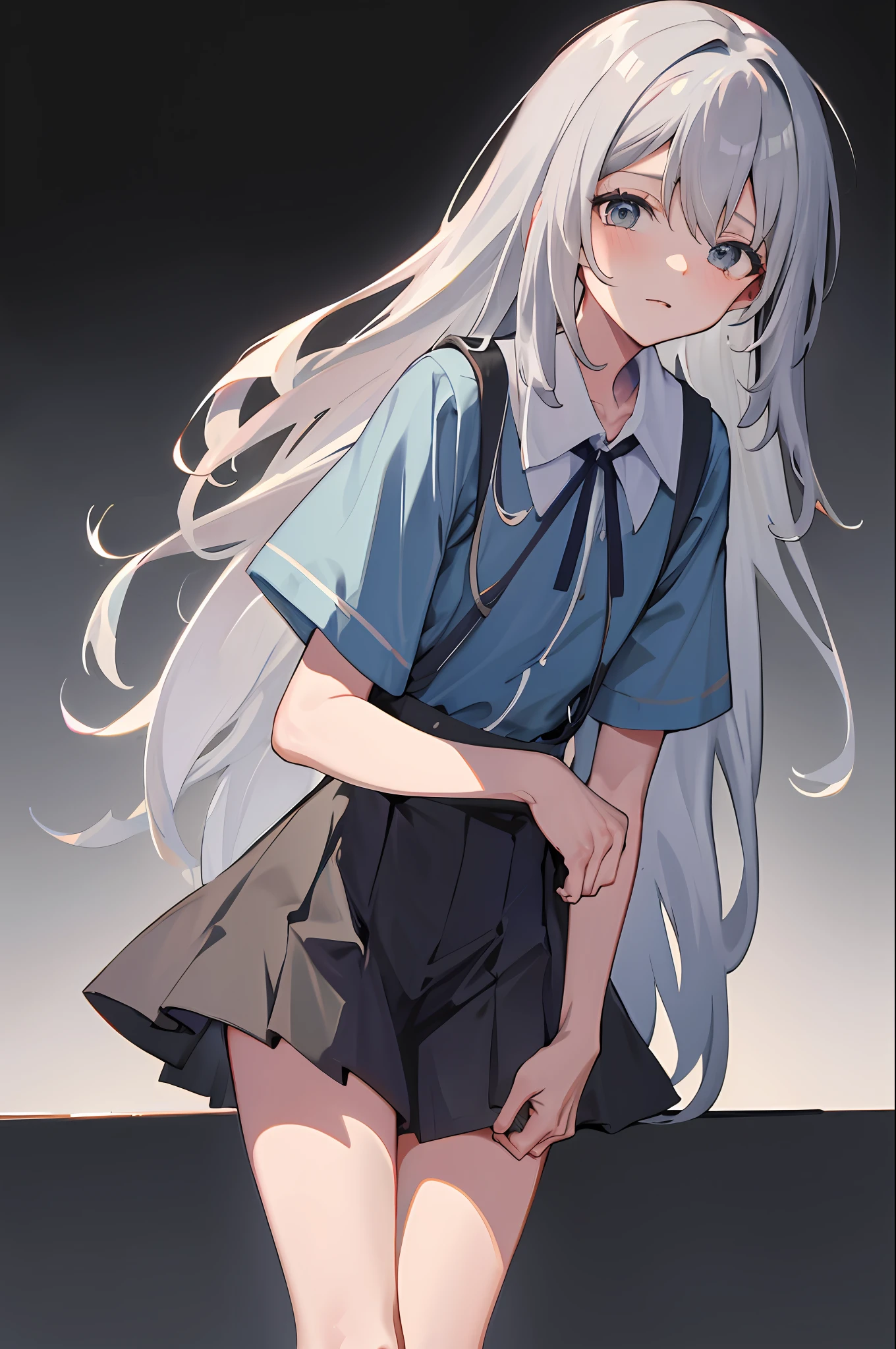 (absurd, hi-res, ultra-detailed), 1 girl, solo, (very long hair, gray hair), colorful, best detailed, squat, , small, miniskirt, uniform, short sleeves, dark background, Greek Santorini Island