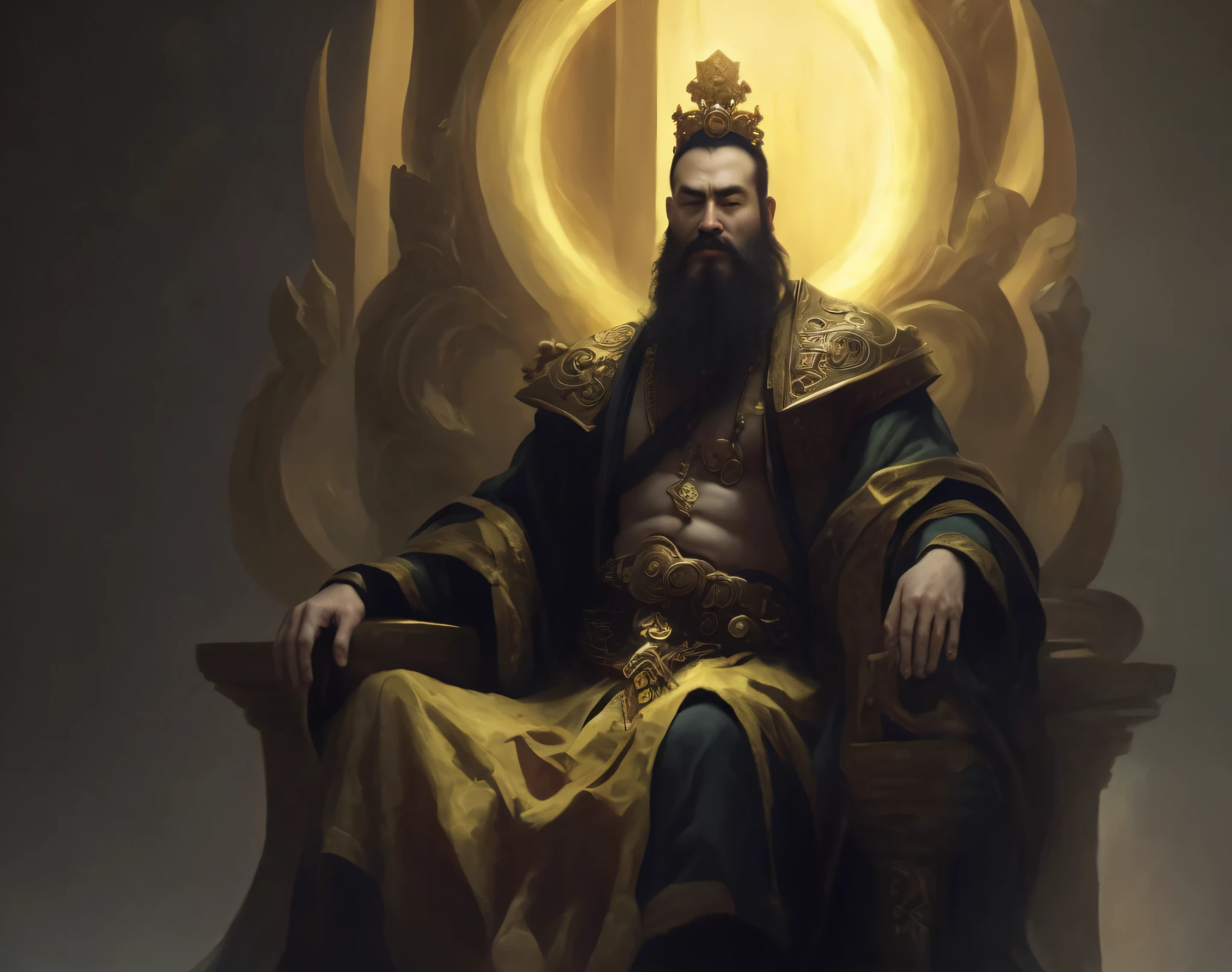 arafed man sitting on a throne with a crown on his head, inspired by Huang Shen, the god emperor of mankind, guan yu, by Yang J, bian lian, feng zhu concept art, inspired by Hu Zaobin, inspired by Wu Bin, g liulian art style, inspired by Wu Daozi, wojtek fus
