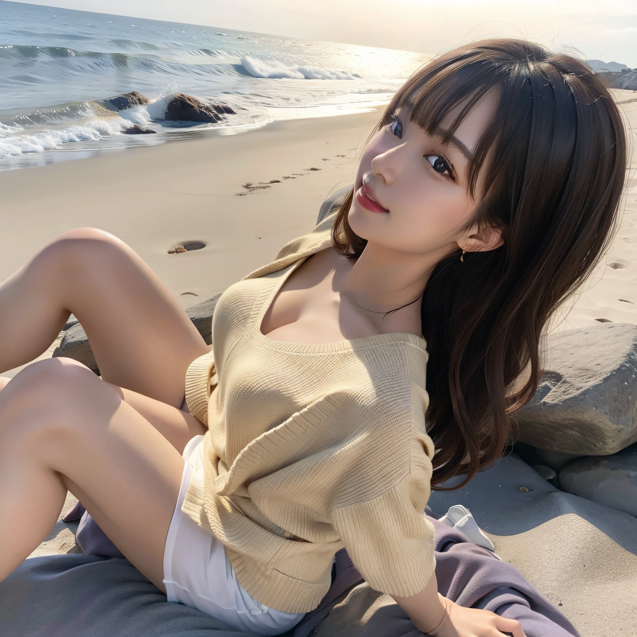 best quality, ultra high resolution, (photorealistic: 1.4), (detailed beautiful girl: 1.4), (medium breasts: 0.8), olhando_no_visualizador, detailed facial details, beautiful and detailed eyes, (brown hair), brown eyes, smile (makeup: 0.4), red lips, (full body, sitting, beach, high waves, ), very detailed clothes, (ulzzang-6500-v1. 1:0.3) \, yellow cats, strong wind,