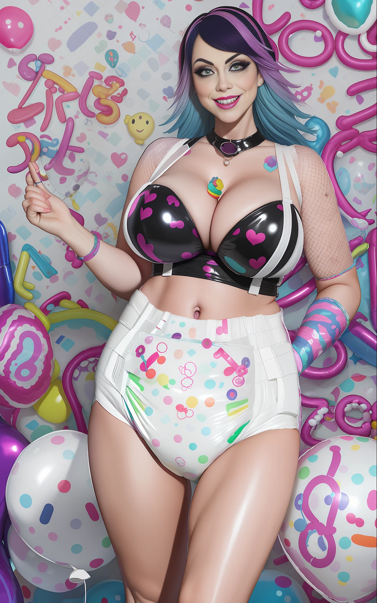 y busman wearing (big diaper) magical, colorful, detailed, surprised, happpy, huge inflated breasts,ips, seductive, ((mommydom)), bokeh, (latex), cleavage, fishnh, ahego, white teeth, big eyes, rainbow hair, ((balloon diaper)), smirking