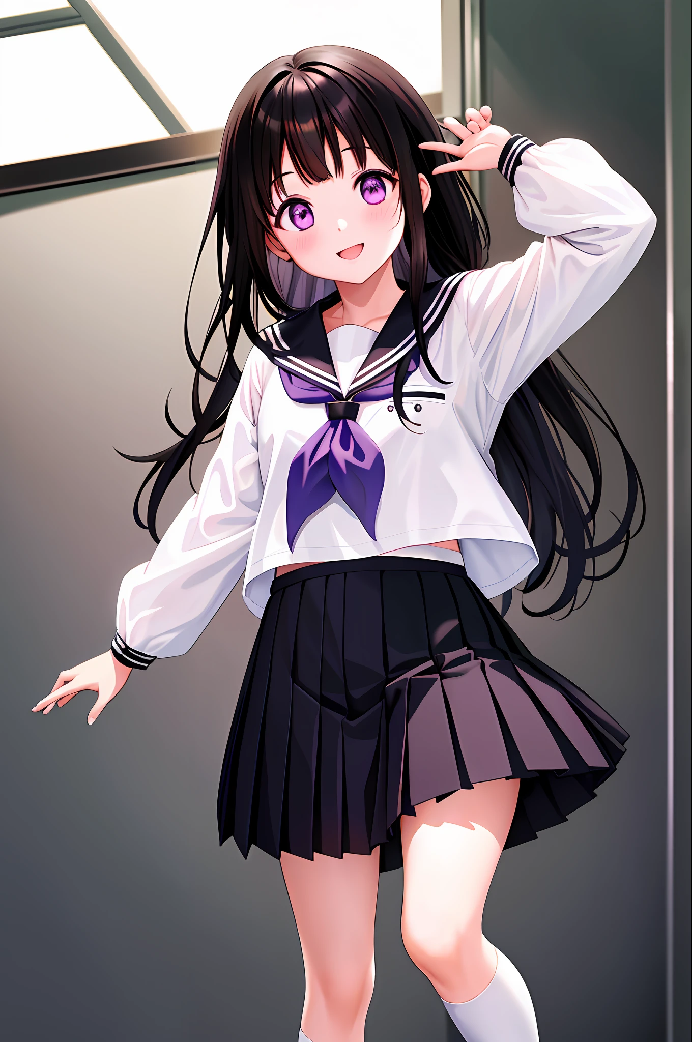 1girl, chitanda eru, long hair, black hair, school uniform, purple eyes, white shirt, white socks, pleated skirt, bangs, black sailor collar, neckerchief, black skirt, long sleeves, smile, waving, close mouth