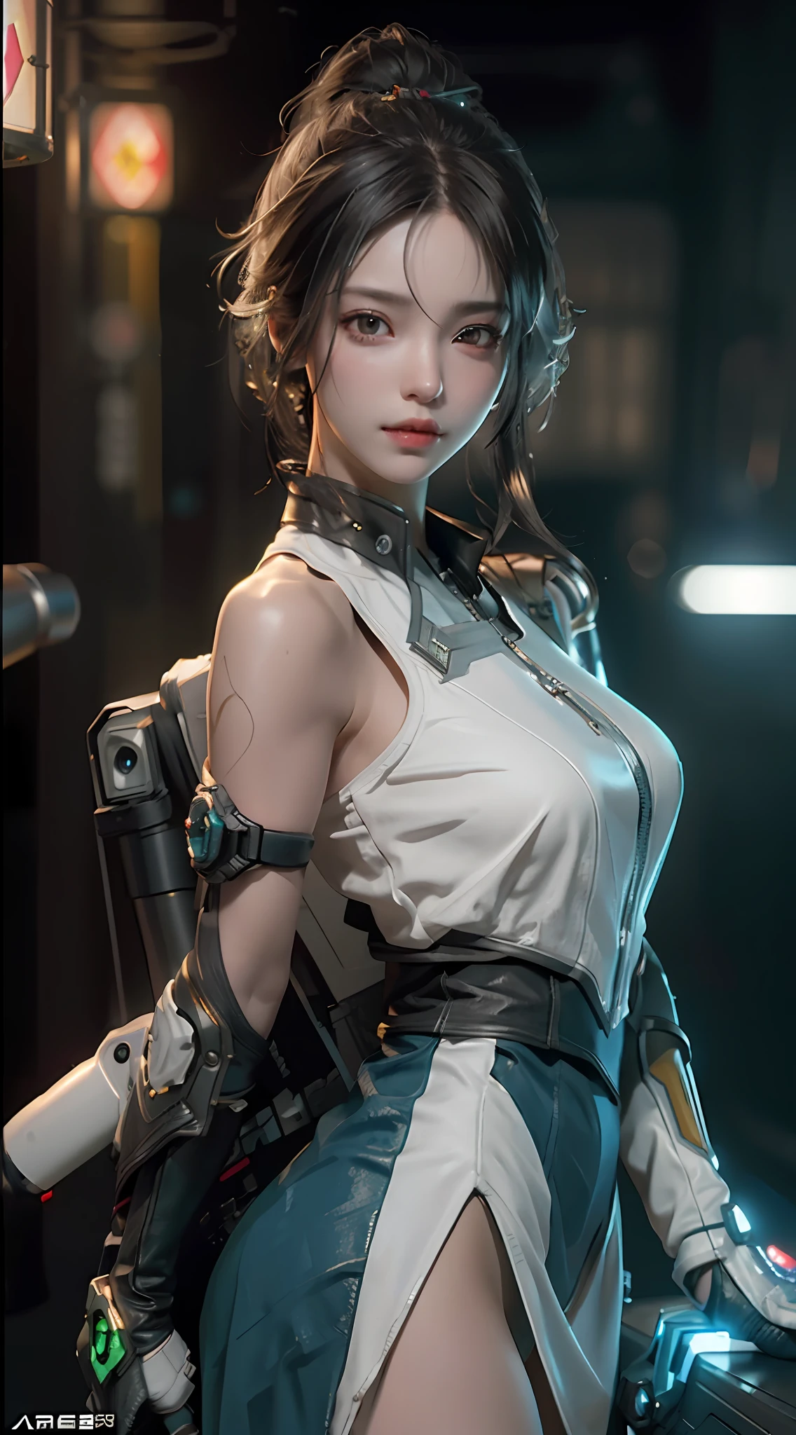 arafed woman in a white dress holding a gun and a light, cyberpunk 2 0 y. o model girl, dreamy cyberpunk girl, by Russell Dongjun Lu, cyberpunk anime girl, cyberpunk beautiful girl, 3 d render character art 8 k, female cyberpunk anime girl, cute cyborg girl, cyberpunk anime girl mech, by Yang J, cyborg merchant girl