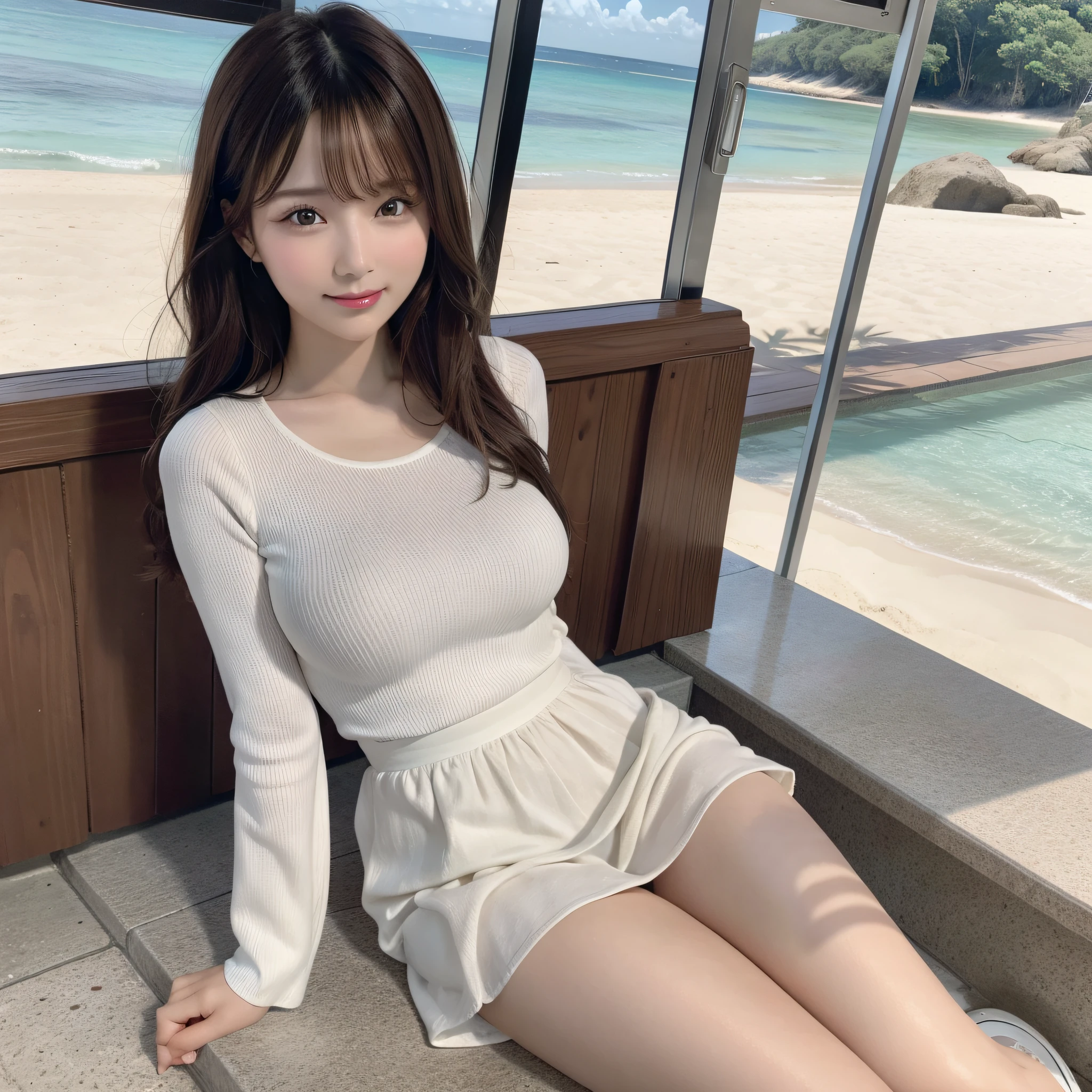 best quality, ultra high resolution, (photorealistic: 1.4), (detailed beautiful girl: 1.4), (medium breasts: 0.8), olhando_no_visualizador, detailed facial details, beautiful and detailed eyes, (brown hair), brown eyes, smile (makeup: 0.4), red lips, (full body, sitting, beach, high waves, ), very detailed clothes, (ulzzang-6500-v1. 1:0.3) \, yellow cats, strong wind,