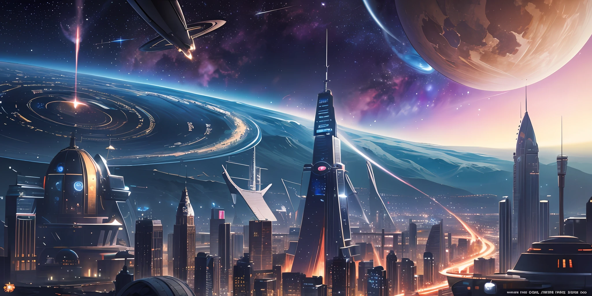 (Masterpiece, Highest Quality, Best Quality, Official Art, Aesthetics :1.2), a space ship, city, intricate details, black hole, space background, stars, planets
