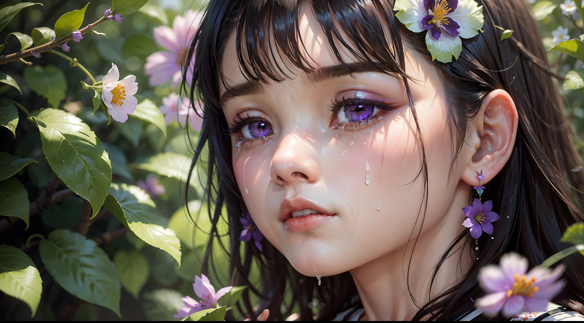 A Girl, Solo, Flowers, Portrait, Leaves, Bangs, Black Hair, Long Hair, Purple Eyes, Flower Earrings, (Crying) 4K Resolution, High Resolution, Super High Resolution, Epic Shot, Detailed, Accurate, Detailed, (Masterpiece)