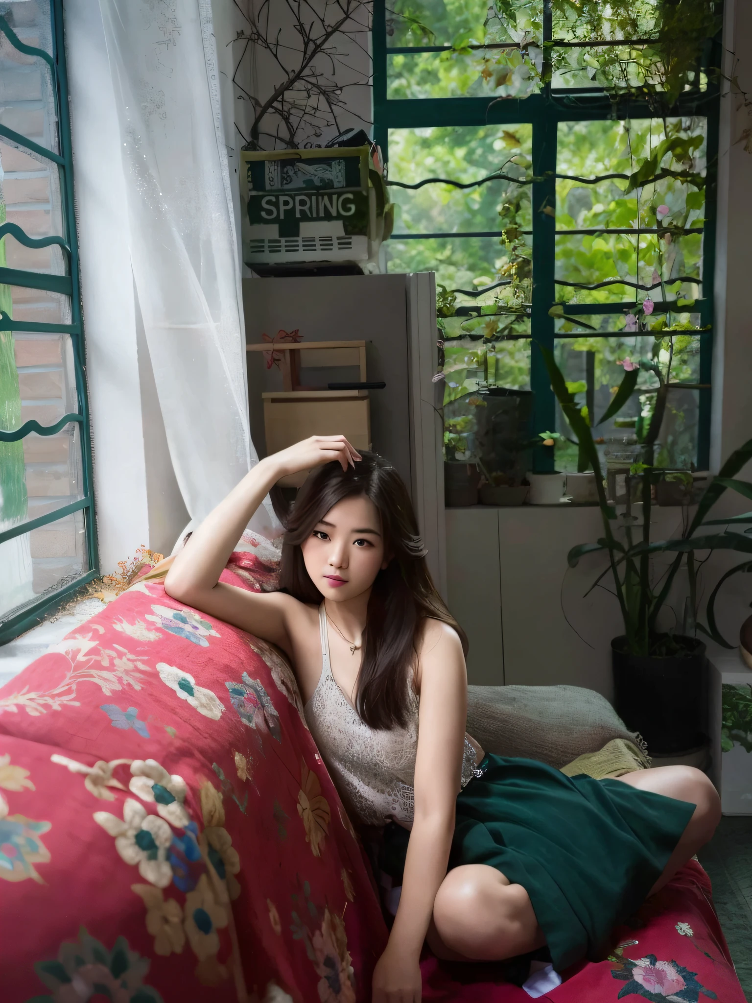 Alafi sitting on couch in room with window, home photography portrait, f/1. 9 6.8 1 mm ISO 4 0, Chen Xintong, gorgeous Chinese model, Shaxi, near window, young asian girl, near window, Chinese girl, background with natural light, smile, eyes looking at the camera, Nguyen Jia beautiful!