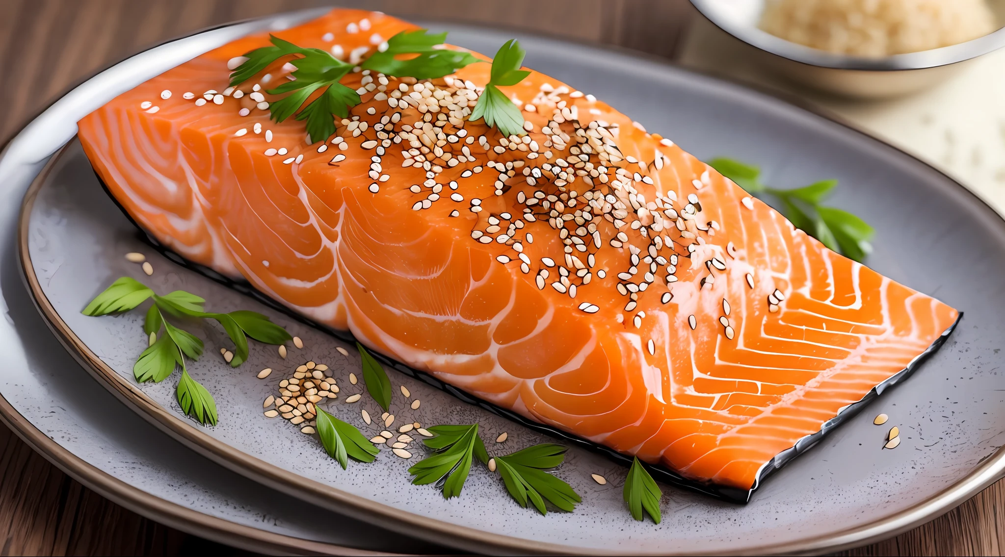 On the plate are two pieces of salmon fillets, salmon, salmon koshru, sesame sweet, high quality food photography, close-up food photography, professional food photography, highly stylized, perfect detail, highly polished, delicious, beautiful photo by Dietmar Damerau, bottom angle, incredibly realistic, stock photo, highly detailed footage --auto --s2