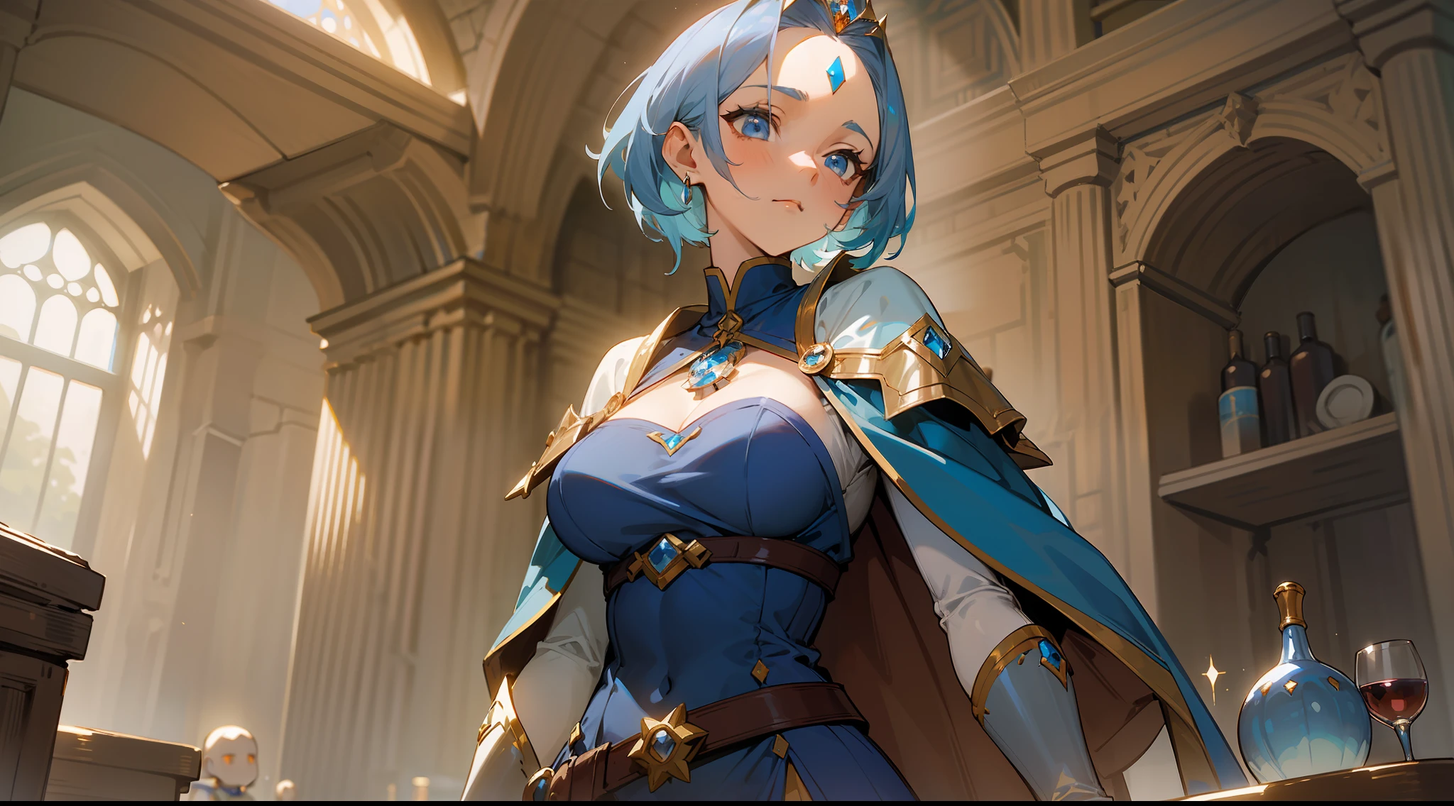 masterpiece, best quality, mature woman, short porcelain blue hair, tiara, showing forehead, gray blue cape, top, beautiful breasts, exposed thighs, navy blue short dress, belt, thin sword belt, cinnamon height boots wine color, dynamic pose, inside a dungeon, dark, dark, light magic, well detailed brightness, fantasy, medieval.