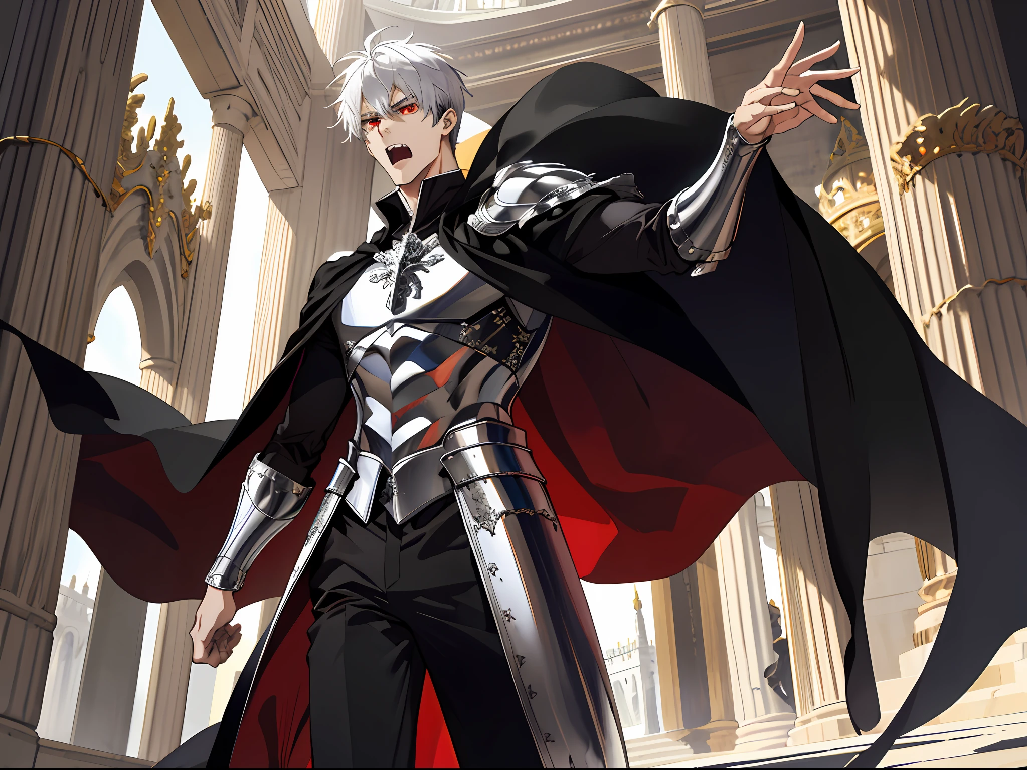 (ridiculous, high resolution, super detailed), (panorama), (1 male), tall, wearing silver armor, black cape, red eyes, evil charm, white back short hair, medieval style, golden palace, (surprised), open mouth, run