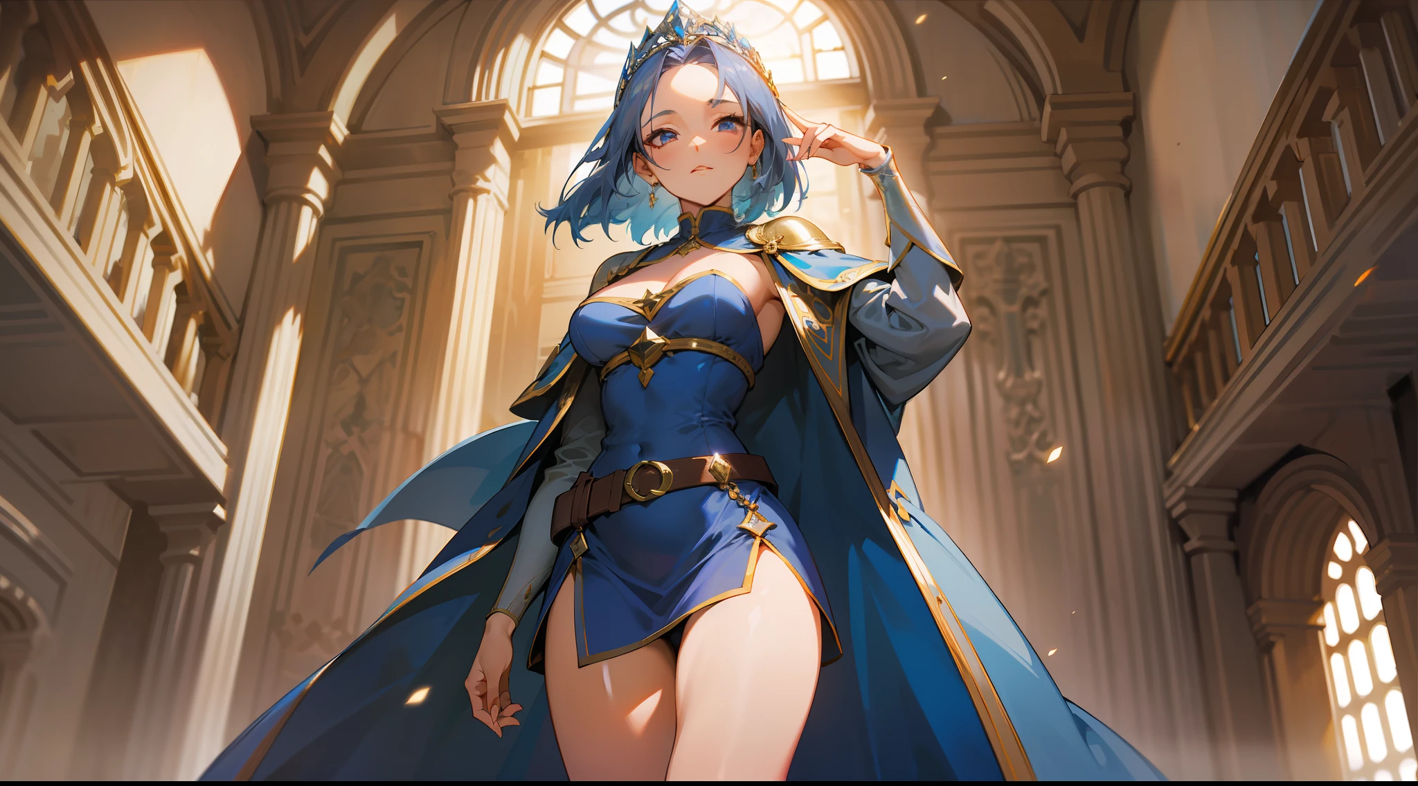 masterpiece, best quality, mature woman, short porcelain blue hair, tiara, showing forehead, gray blue cape, top, beautiful breasts, exposed thighs, navy blue short dress, belt, thin sword belt, cinnamon height boots wine color, dynamic pose, inside a dungeon, dark, dark, light magic, well detailed brightness, fantasy, medieval.