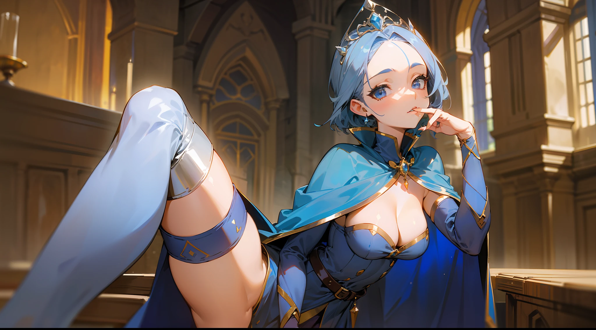 masterpiece, best quality, mature woman, short porcelain blue hair, tiara, showing forehead, gray blue cape, top, beautiful breasts, exposed thighs, navy blue short dress, belt, thin sword belt, cinnamon height boots wine color, dynamic pose, inside a dungeon, dark, dark, light magic, well detailed brightness, fantasy, medieval.