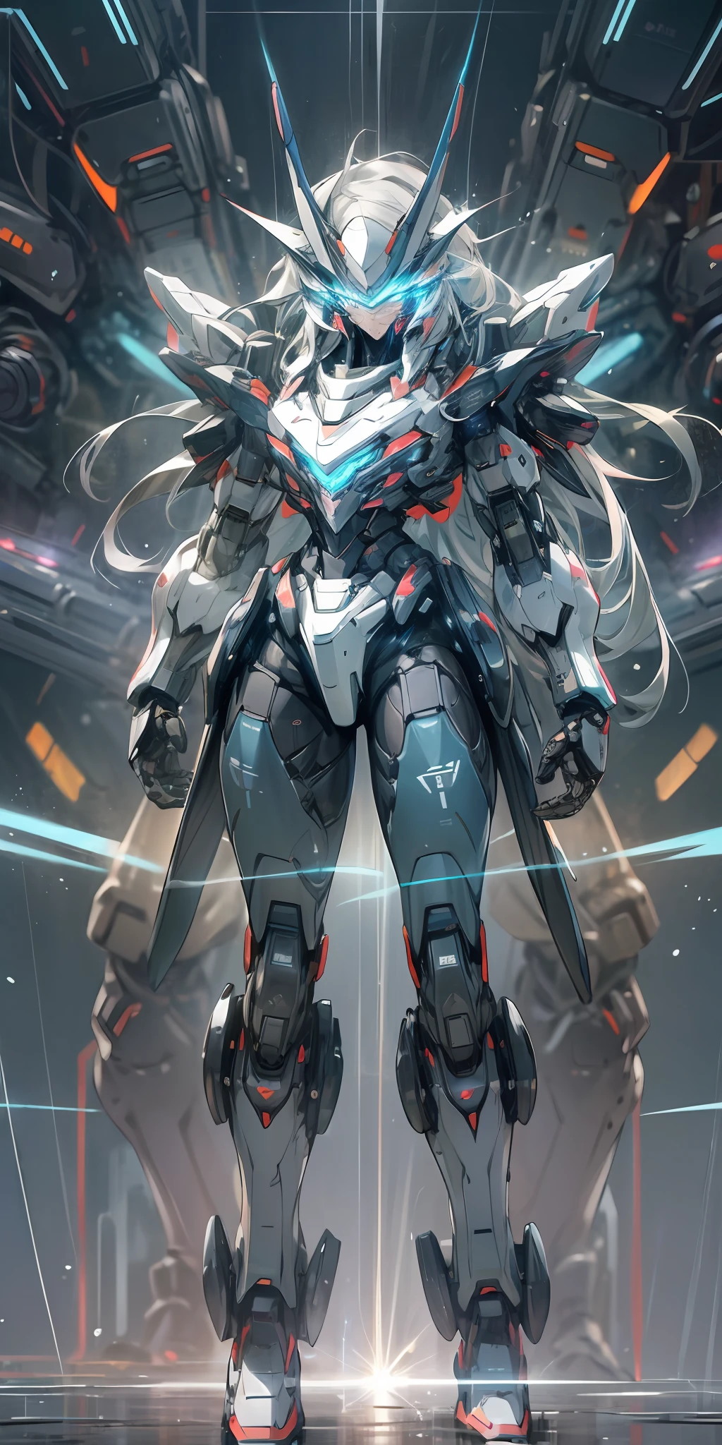 Cool mecha core style, mecha concept art, girl standing in front of the machine, blue eyes, long white hair, thin body, body made of semi-mechanics, laser spandex oil shiny luster glowing pattern, energy light, thunder electric magic, haze rain and thunder, raindrops, warm cold light, blue and violet light, details, big background. Dark gray Decepticons, huge mech robots, intricate glowing mech armor, future transformation giant robots,