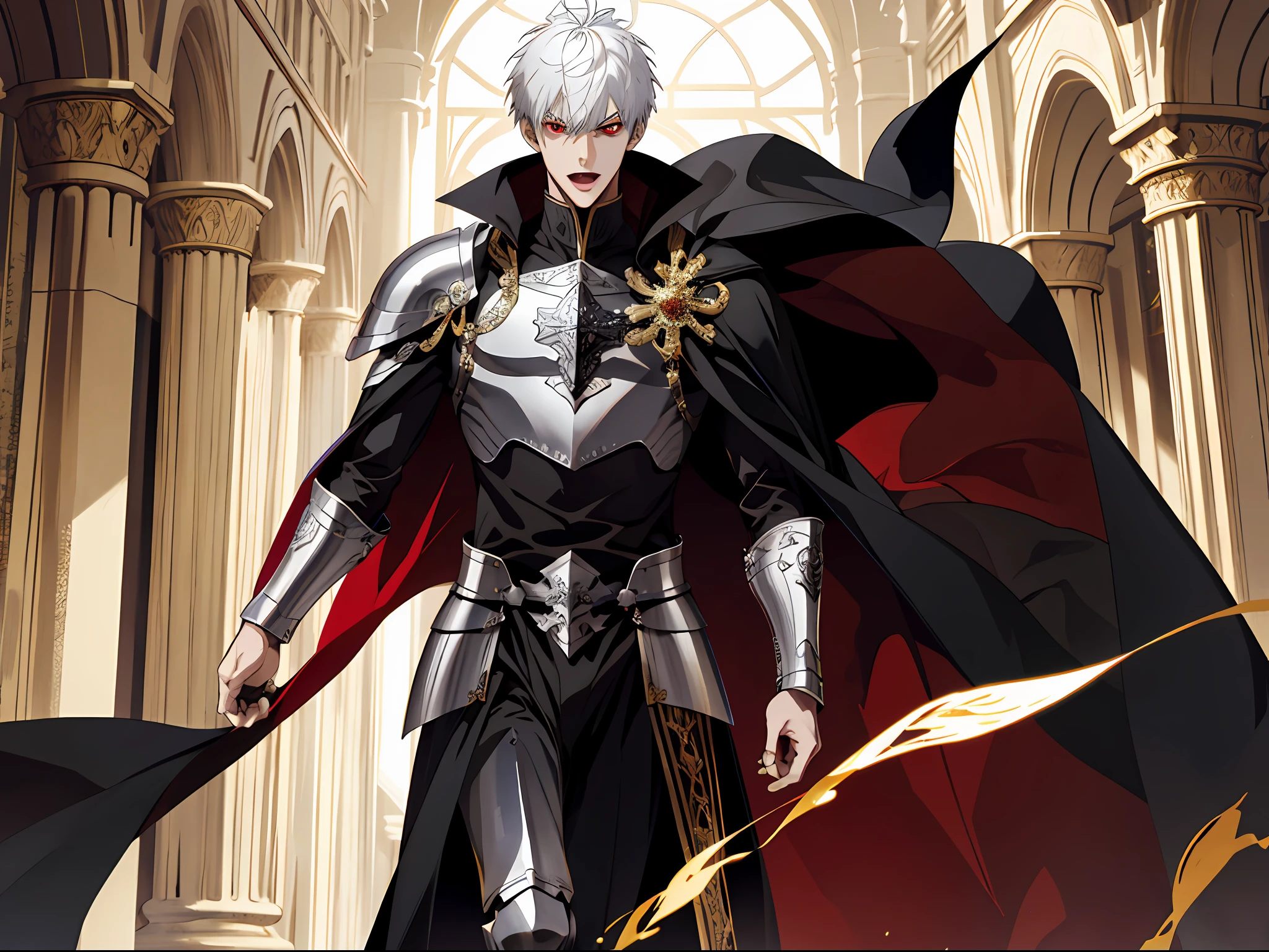 (ridiculous, high resolution, super detailed), (panorama), (1 male), tall, wearing silver armor, black cape, red eyes, evil charm, white back short hair, medieval style, golden palace, (surprised), open mouth, run