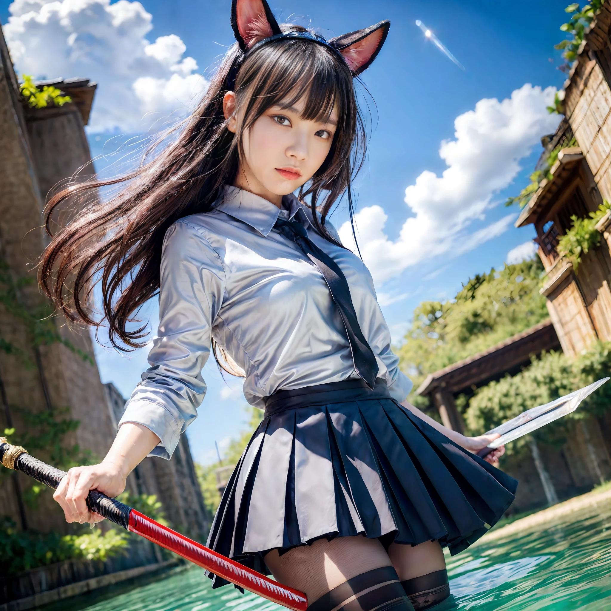 (Cinematic:1.3) (Cinematic:1.3),(Energetic:1.3)(Cinematic:1.3),(Photorealism:1.3),(Photorealism:1.3),(Masterpiece, Best Quality, Highly Detailed CG, Beautiful Detail Eyes, Very Detailed and Intricate Detail:1.2), 8k Wallpaper, Elaborate Features,(Realistic Painting Style:1.1), (Fake Traditional Media:1.0), Masterpiece, Best Quality, Starry Light, Colorful, Clouds, Stars \(Sky\),1girl, BREAK, animal_ears,Bangs,black_hair, black_legwear, closed_mouth,floating_hair,long_hair,looking_at_viewer,Pantyhose,pleated_skirt,red_eyes,Behind the water, fighting, upper body, tie, carrying, holding a sword, preparing to grill, katana, collared shirt,