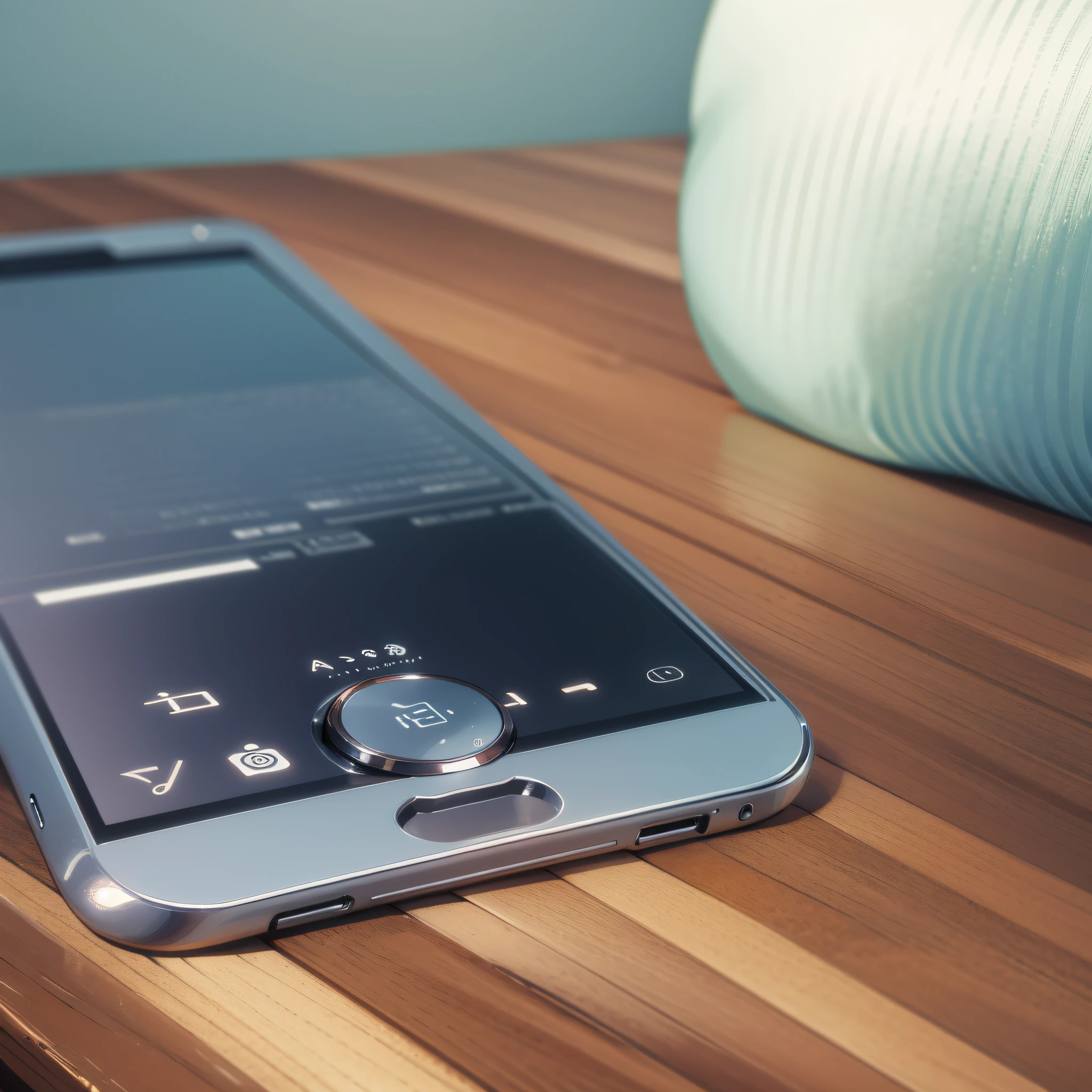Close-up of mobile phone, placed on bedside table, room background