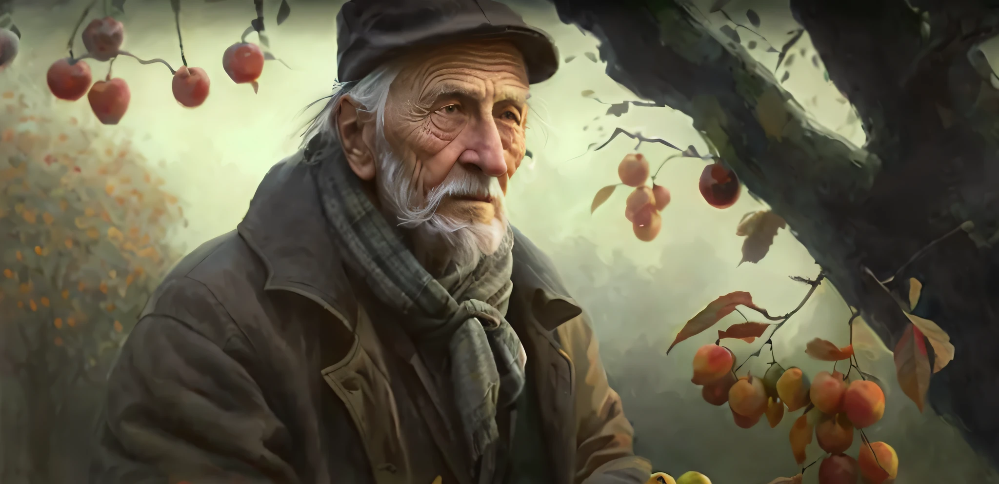 painting of an old man in a hat and scarf holding a fruit, inspiring digital painting, an epic painting of an artist, by Ludwik Konarzewski Jr, detailed painting 4 k, very detailed digital painting, stunning digital painting, by Ludwik Konarzewski, stefan koidl inspired, realistic digital painting, digital painting style, old man portrait