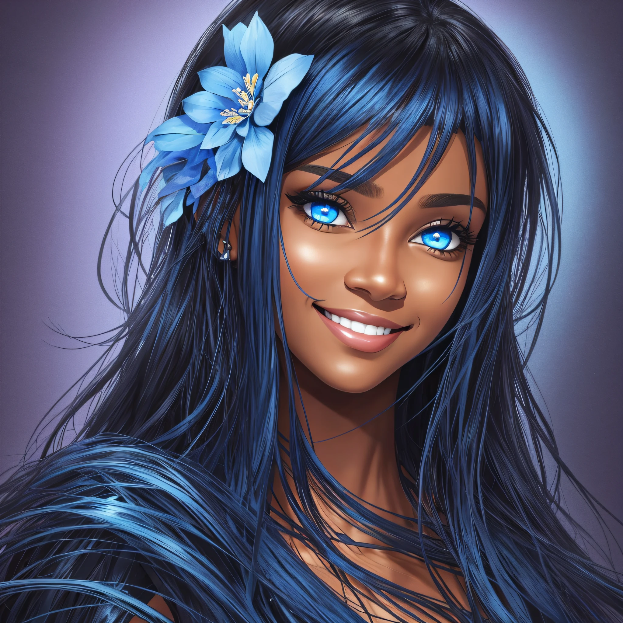 Face of a woman smiling, blue eyes, and black skin --auto --s2