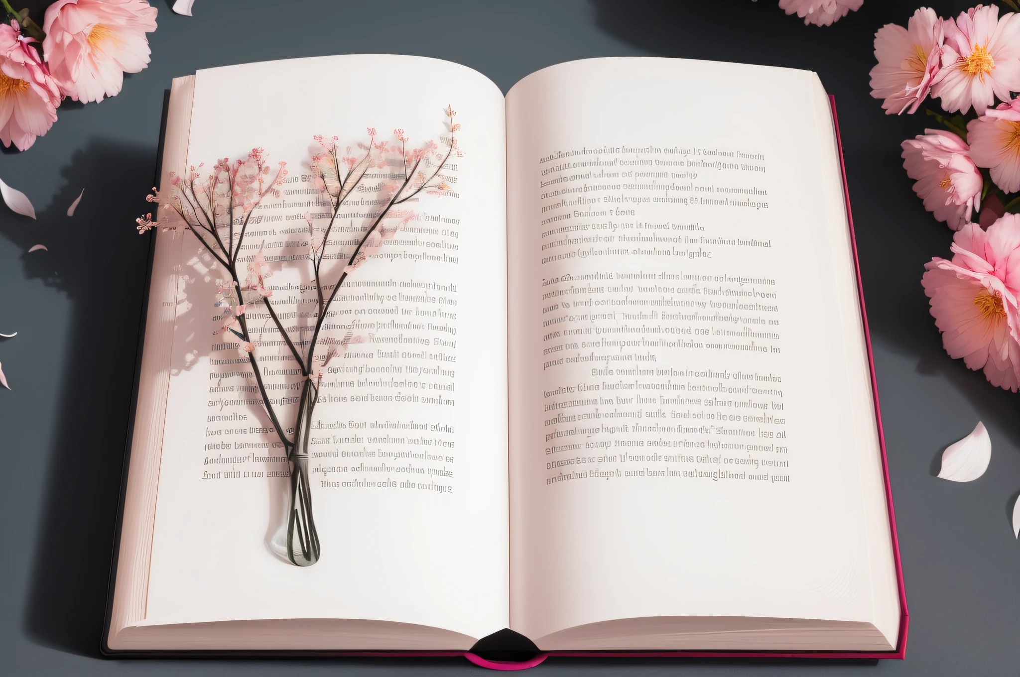 No human, book, realistic book shape, natural book shape, single book, blooming flowers from book, pink flowers, white flowers, pink theme, black background