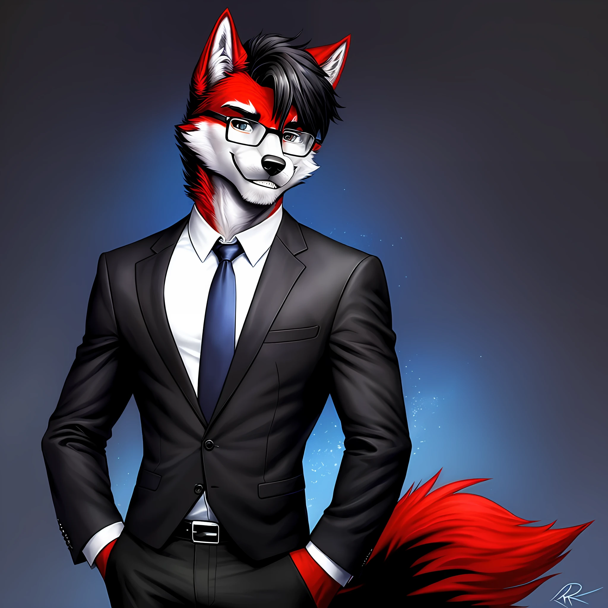 Anthro, wolf with red fur, male, wearing black suit and pants, white shirt and blue tie, bespectacled, black hair combed, in the style of Batman and H.R. Giger, solo, no group, not double, full body, smiling, in the field