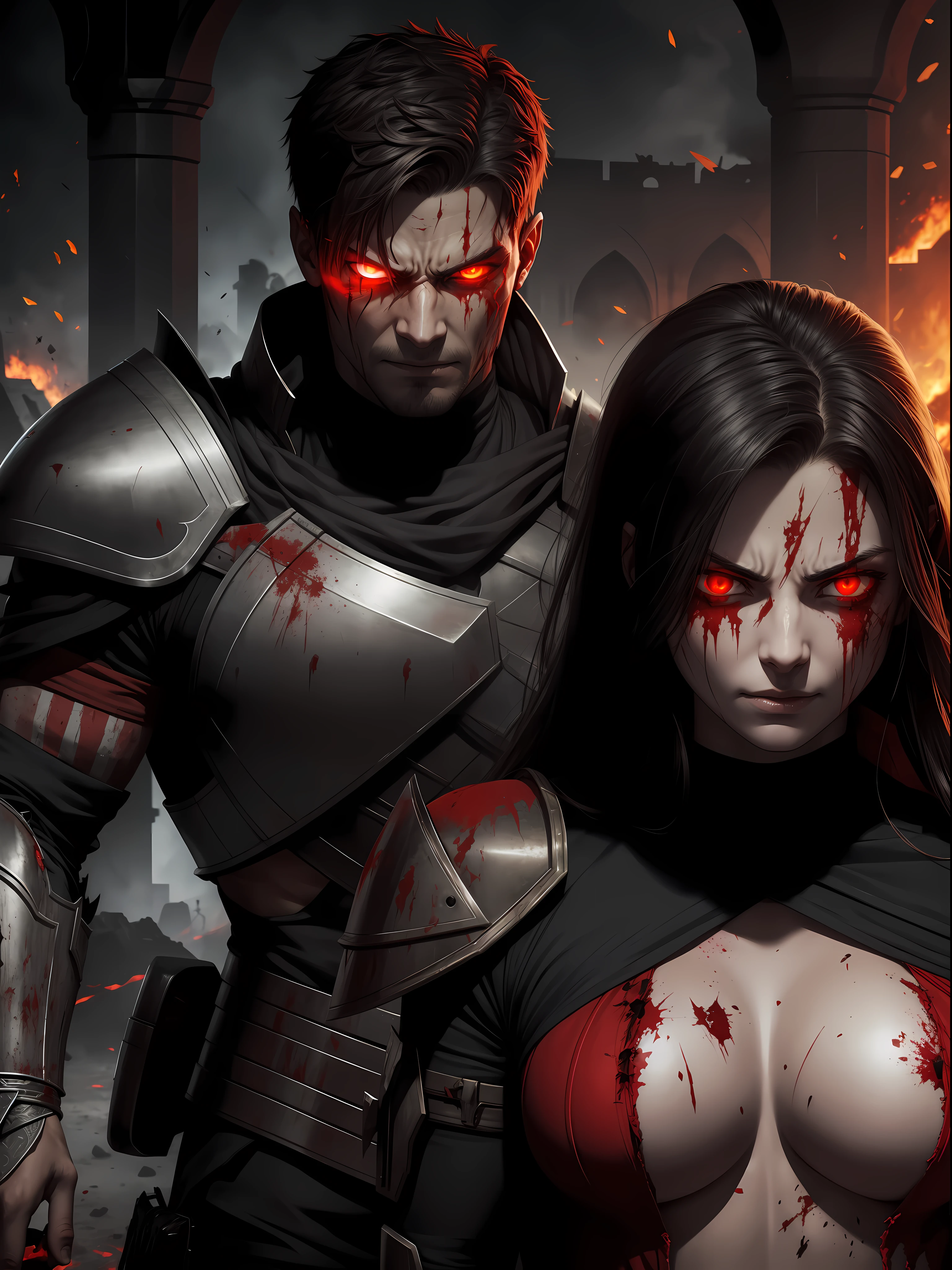 Evil Couple, after fight, blood everywhere, Tired, Ripped clothes, damaged armor, Evil, glowing red eyes, Smirk, in the battlefield, Arab features, scar on eyes