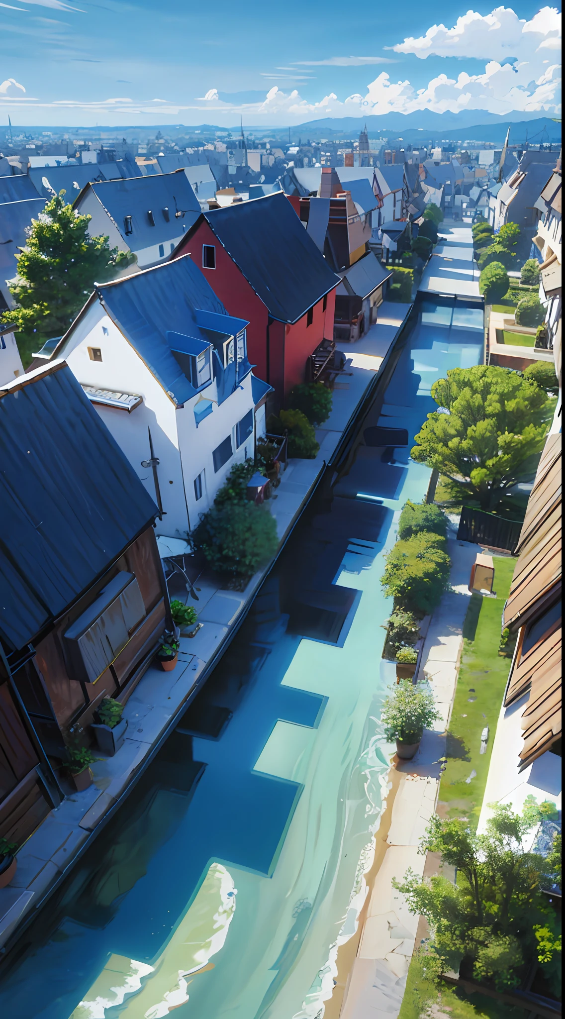 Medieval city, 3D rendering, high quality, RPG scenery, village houses, no people, blue sky and white clouds