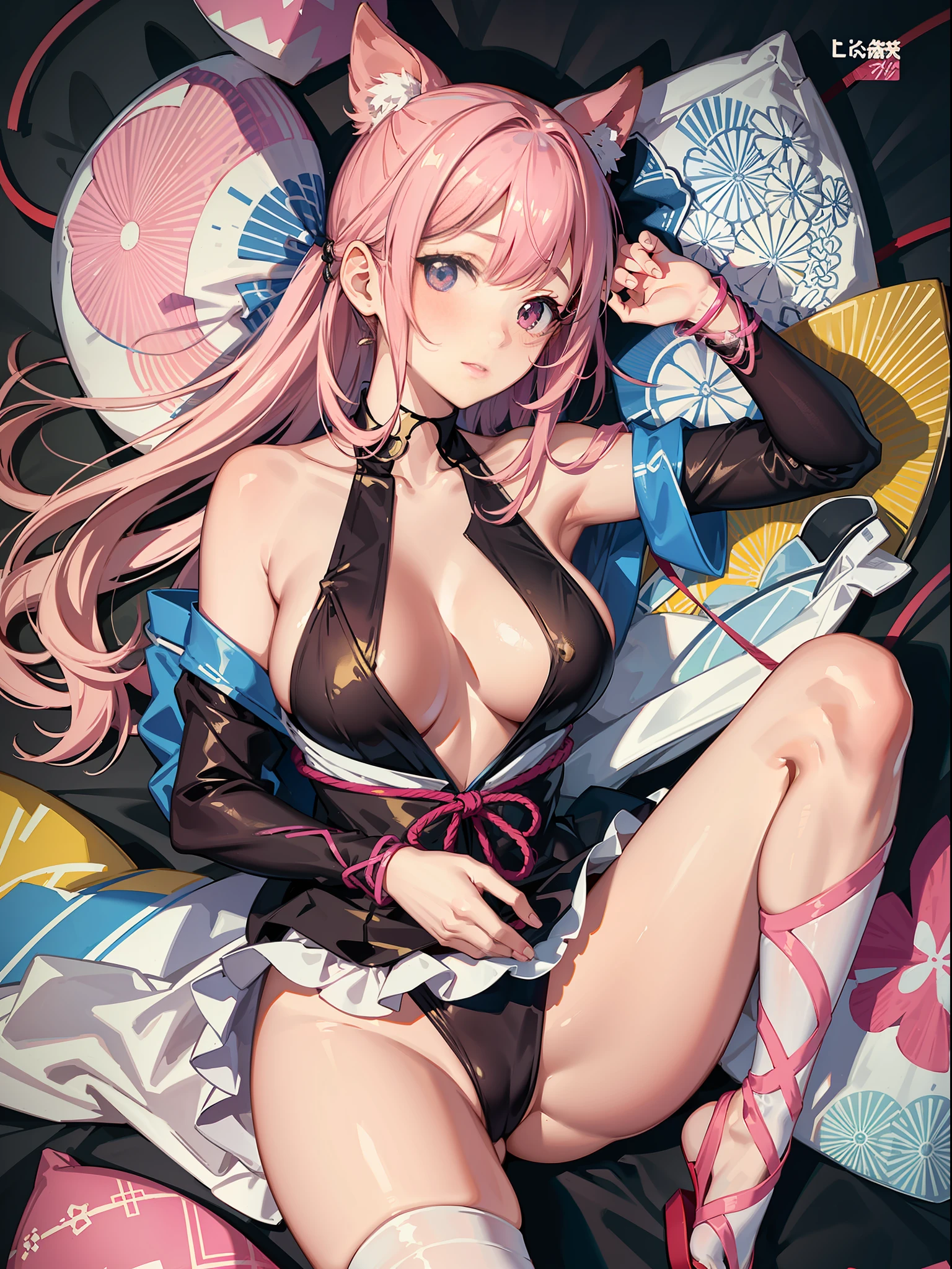{Japan slender beauties}, high resolution, top quality, super detail, pink swimsuit, knee highs, wedges, fine details, no blush, bite, angle from above, clean skin