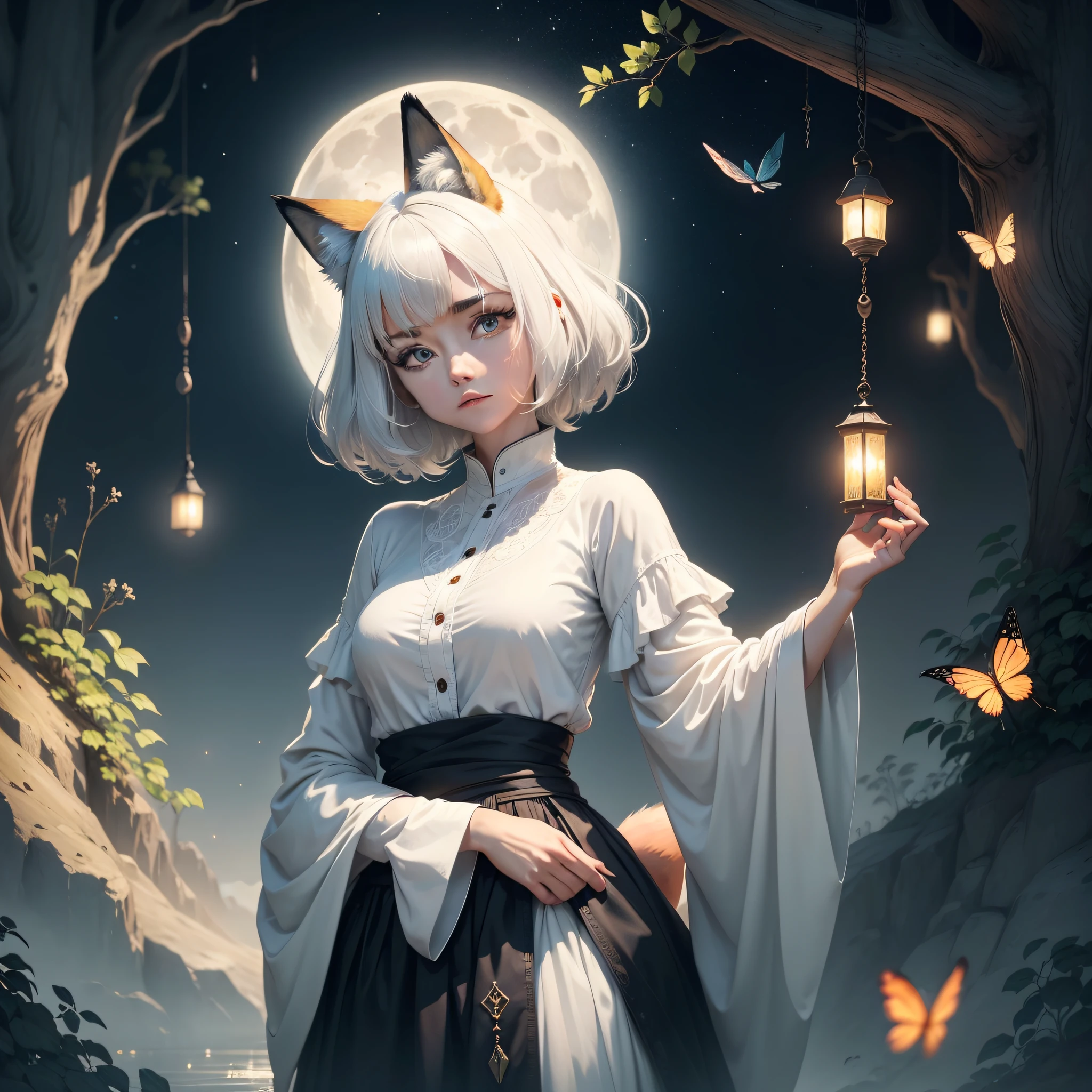 The painting style is cartoonish, the scenery is quiet and cool, and the theme is fox, full of empty inspiration and loneliness. Foxes have large eyes (weight 1.2), thin lips (weight 0.9), white hair (weight 1.2), and wear white silk clothes. Butterflies and fluorescent bells appear in the picture, and the moon creates a tranquil atmosphere (weight 1). Voidness and loneliness have weights of 1.2 and 1.3, respectively.