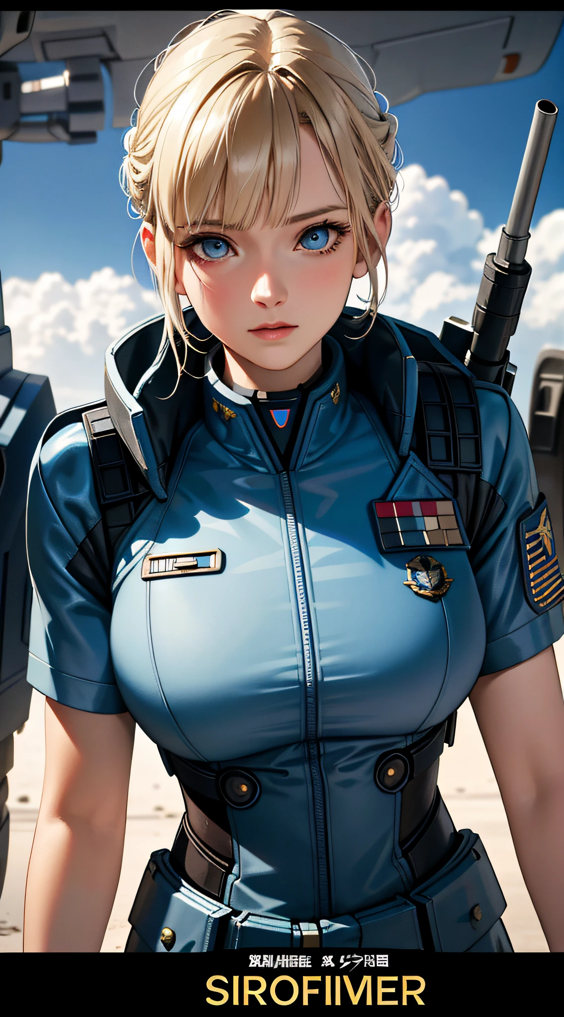 Movie Poster, Anime Reference 86, Science Fiction, Sci-Fi, Movie, War Action Movie, Universe, Atmosphere, Sky, Battleship, Multiple Characters, Woman, Adult, Blue Eyes, Short Blonde, (Pia Bangs Hairstyle): 1.8), General Uniform, White Commander Uniform, Realistic Face Details, Realism, 3D Face,