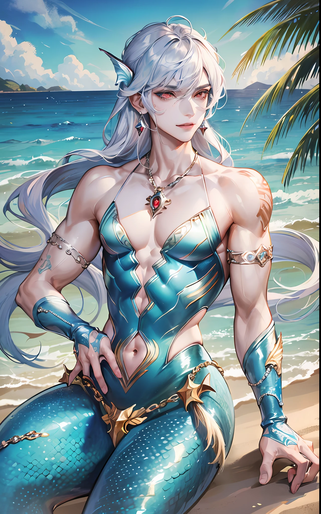 man, masculine, masculine face, attractive, muscular, (((1man))), masterpiece, absurdres, best quality ,intricate details , (shiny skin, shiny body, shiny oily luster skin, shiny hair, pale skintone), Sundown, attractive, ((muscular)), adult, one, earrings, Don't look at the view , Not looking at the view, silver hair, braided hair, perfect detailed face, perfect detailed hands, triton, fins, red eyes, triton ears, ((MLS)), smirk, medium large shoot, marine ornaments, beach in the background, ((mermaid tail)), no legs