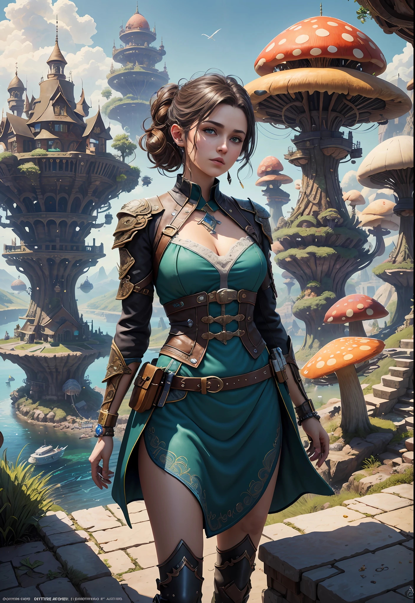 (((Multiplayer, Man and Woman))), Best Quality, Realistic, Realistic, Award-Winning Illustrations, (Intricate Details: 1.2), (Fine Details), (Intricate Details), (Cinematic Light, Best Quality Backlight), Clear Lines, Sharp Focus, Official Art, Unity 8k Wallpaper, Ridiculous, Incredibly Ridiculous, Fantasy Art, RTX, ((Award-winning Triangle Studio Close-up Photo)), 1 Boy, (Shut Up), Best Quality, 4K, beautiful mysterious creatures, female, flying, surrealism, masterpiece of NCWINTERS, in mysterious country town, masterpiece, intricate details, ff14style, urban painting, bridge, river, giant mushroom, landscape, bright colors,