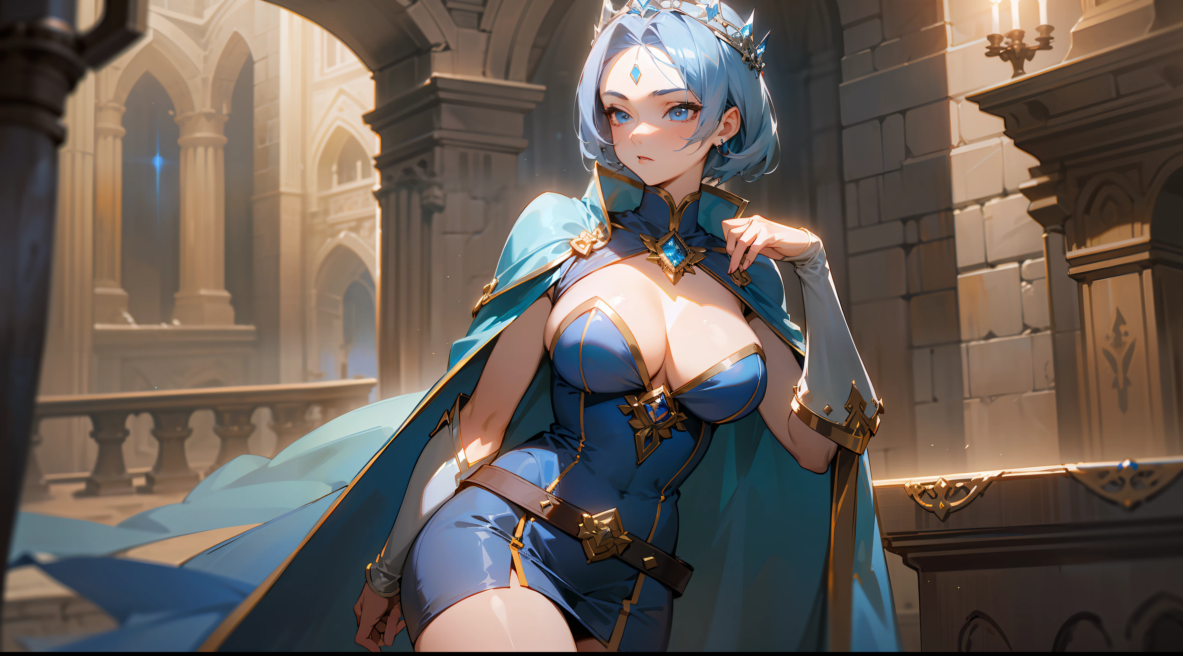 masterpiece, best quality, mature woman, short porcelain blue hair, tiara, showing forehead, gray blue cape, top, beautiful breasts, exposed thighs, dark short dress, belt, wine boots, thigh band, dynamic pose, inside a dungeon, dark, dark, well detailed glow, fantasy, medieval.