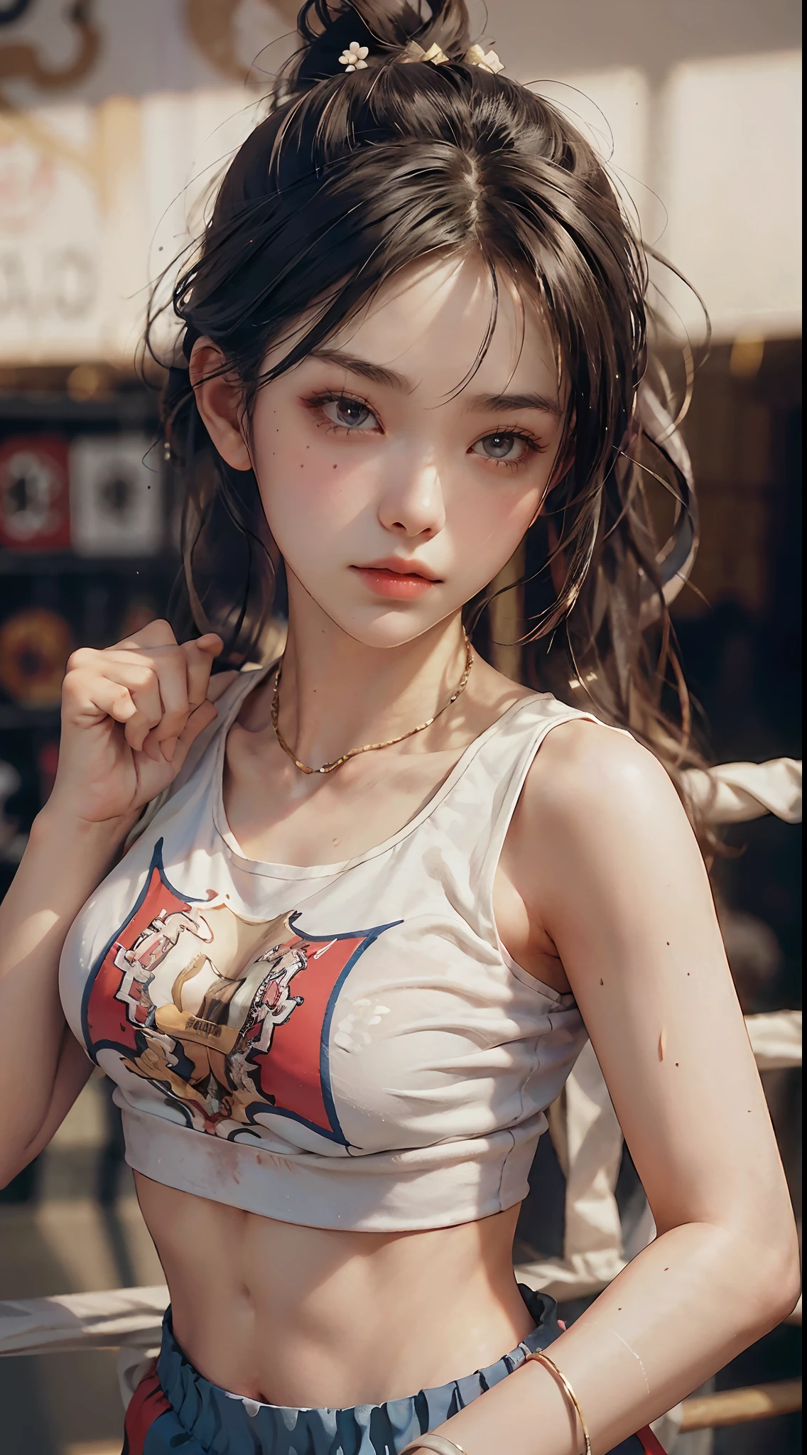 Masterpiece, top quality, (realistic, realistic: 1.4), (RAW photo: 1.2), very delicate CG Unity 8K wallpaper, very delicate beautiful, wonderful, boxing pose, attention to detail, official art, ridiculous, incredibly ridiculous, huge file size, very fine, very delicate, beautiful eyes and face, beautiful delicate eyes, light on face, a girl, ponytail, (pompom) navel, half, PE uniform short sleeve crop top t-shirt, boxing gloves, bare arms, bangs, Boxing Gym, Boxing Ring, ULZZANG-6500-v1.1