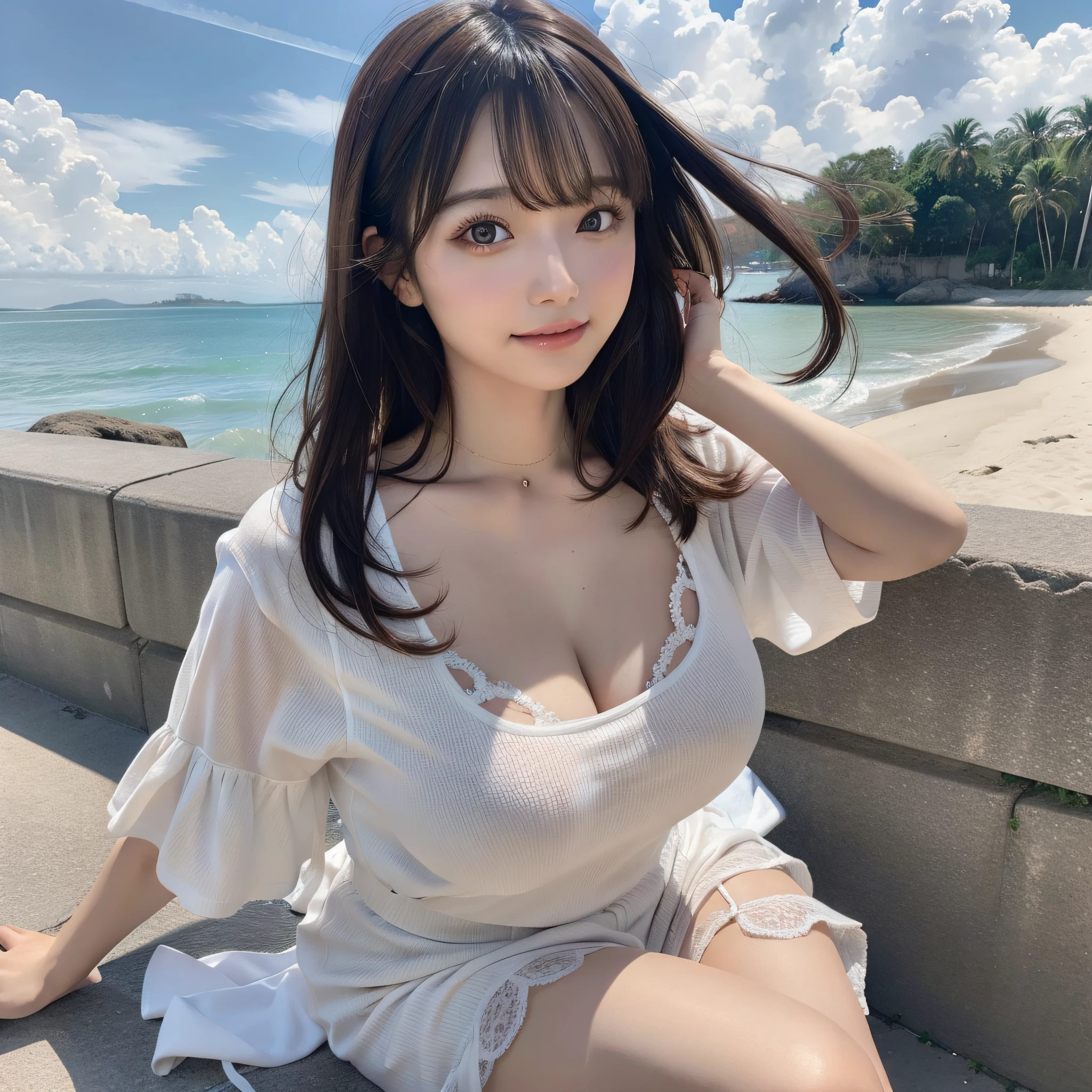 best quality, ultra high resolution, (photorealistic: 1.4), (detailed beautiful girl: 1.4), (medium breasts: 0.8), olhando_no_visualizador, detailed facial details, beautiful and detailed eyes, (brown hair), brown eyes, smile (makeup: 0.4), red lips, (full body, sitting, beach, high waves, ), very detailed clothes, (ulzzang-6500-v1. 1:0.3) \, Persian cat, strong wind,