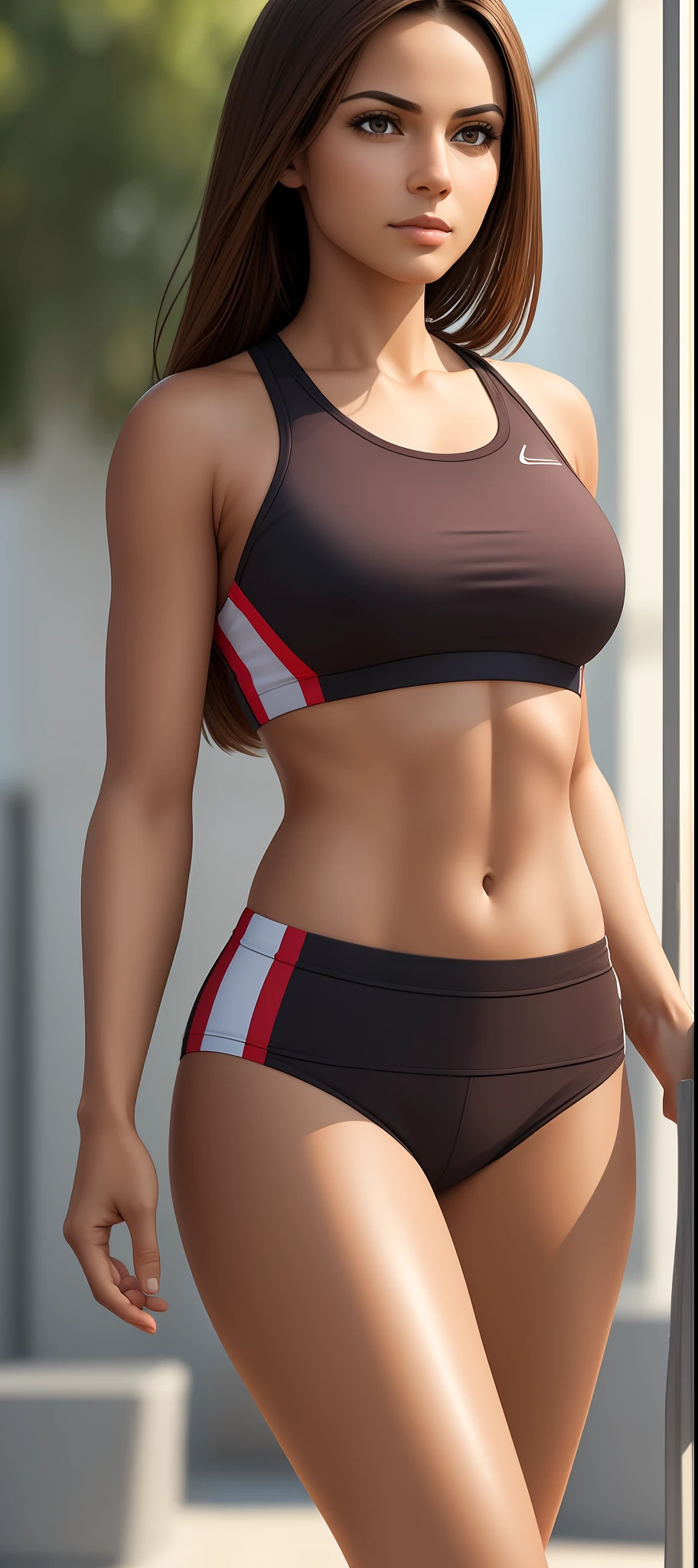((realistic: 1.5)),((best quality)), ((masterpiece)),((detailed)), Photo raw, 8k, hdr, a Brazilian woman, brown eyes, brown hair, slim fit body, small breasts, runner clothes