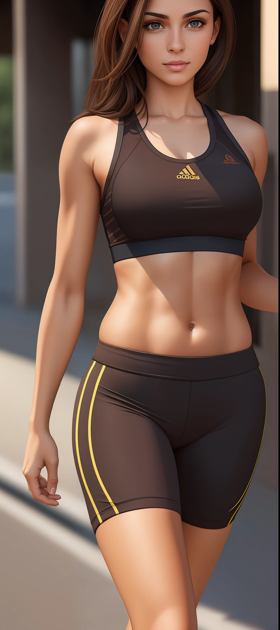 ((realistic: 1.5)),((best quality)), ((masterpiece)),((detailed)), Photo raw, 8k, hdr, a Brazilian woman, brown eyes, brown hair, slim fit body, small breasts, runner clothes