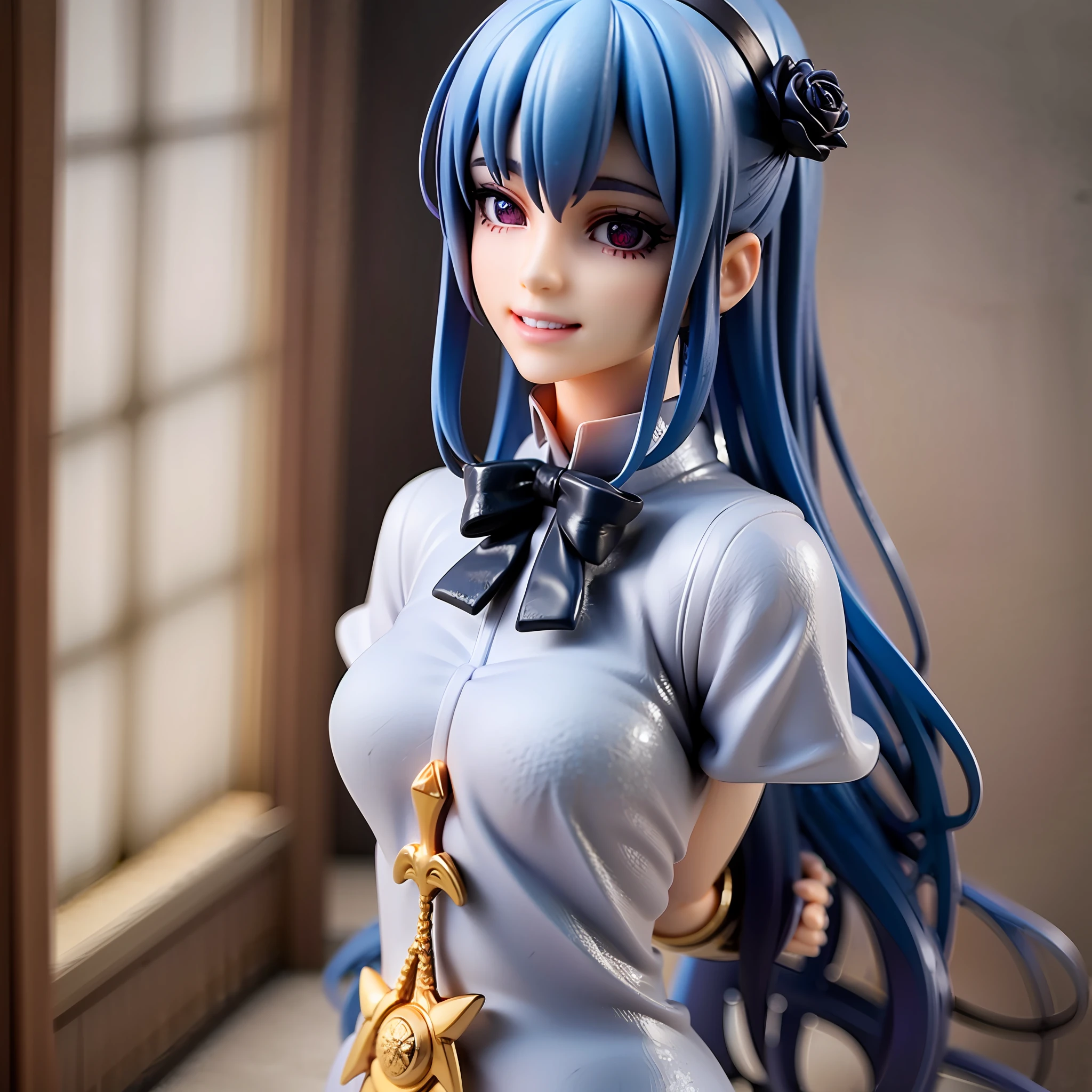 1girl, blue hair, full body, gothic ta dress, blue rose garden, mysterious smile,[realistic], [3d], smile, closed mouth,(8k, RAW photo, best quality, masterpiece:1.2), ultra high res, photo realistic, professional lighting, detailed lighting, professional photography, high quality, high res, extremely detailed, bloom, depth of field, sketch, sharp focus, soft lighting, detailed, detailed skin, to8contrast style