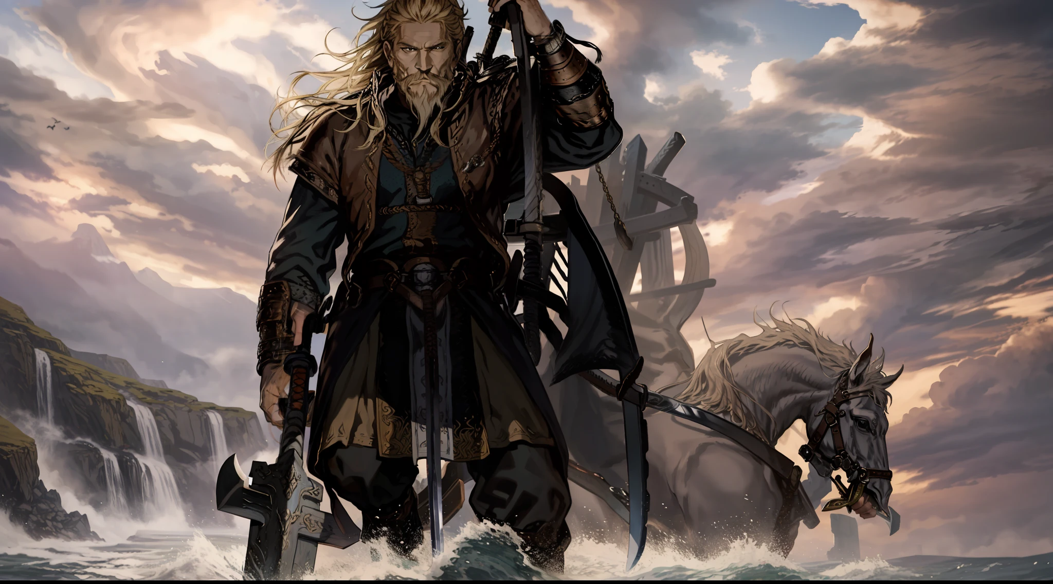 arafed man with a sword in his hand in a rocky area, vikings, viking king, holds a sword, viking berserker, with large sword, holding a colossal sword, viking beard, holding mjolnir, inspired by Ásgrímur Jónsson, viking warrior, epic viking king, while holding a sword, holding a giant sword