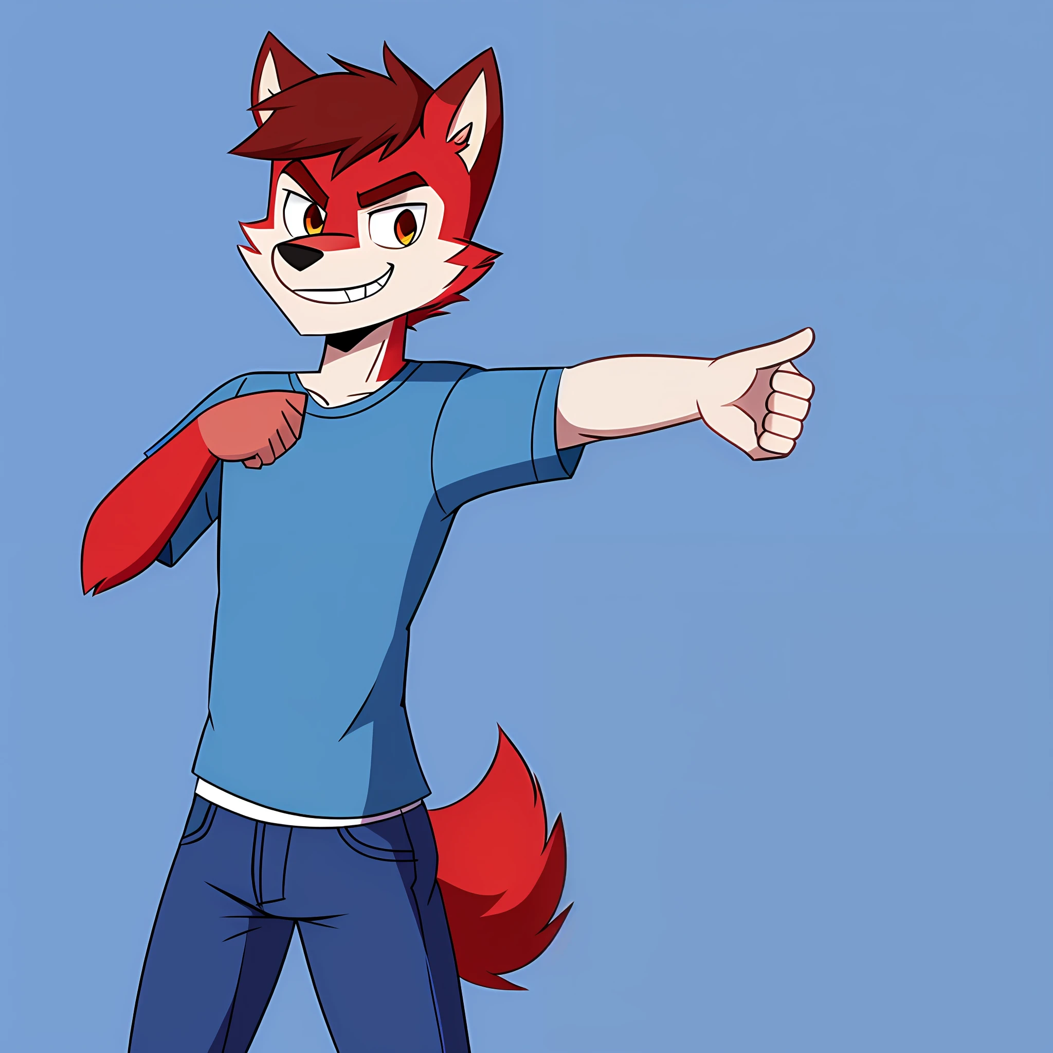 wolf with red fur, male, wearing a blue T-shirt and tight jeans, in the style of Star vs the forces of evil, solo, no group, not double, small bulge, full body, smiling, in the field