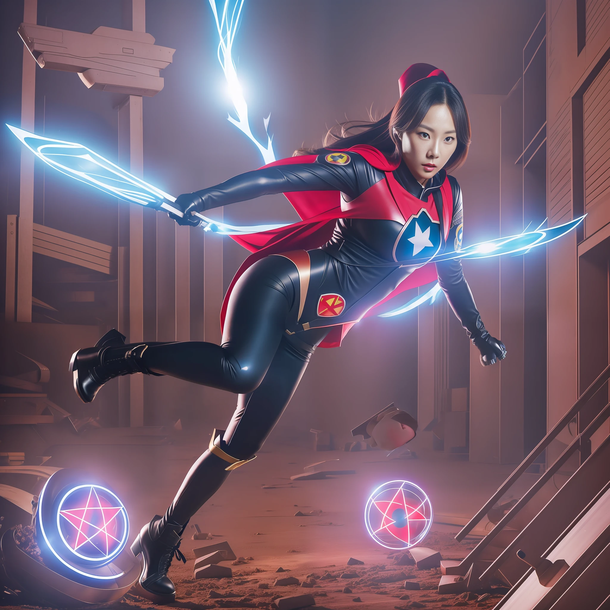 Kim Tae-yeon incarnated as a superheroine nuclear girl full body，Dressed in a nuclear symbol uniform+boot